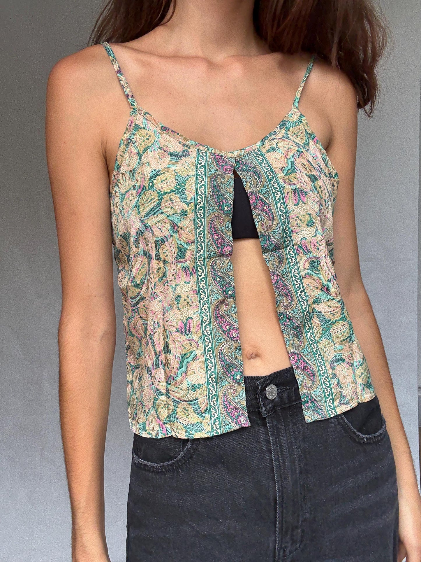 Silk boho camisole top, Paisley print flowy tank top, Spaghetti straps sexy cut open bohemian Sienna Miller aesthetic, US S, festival wear