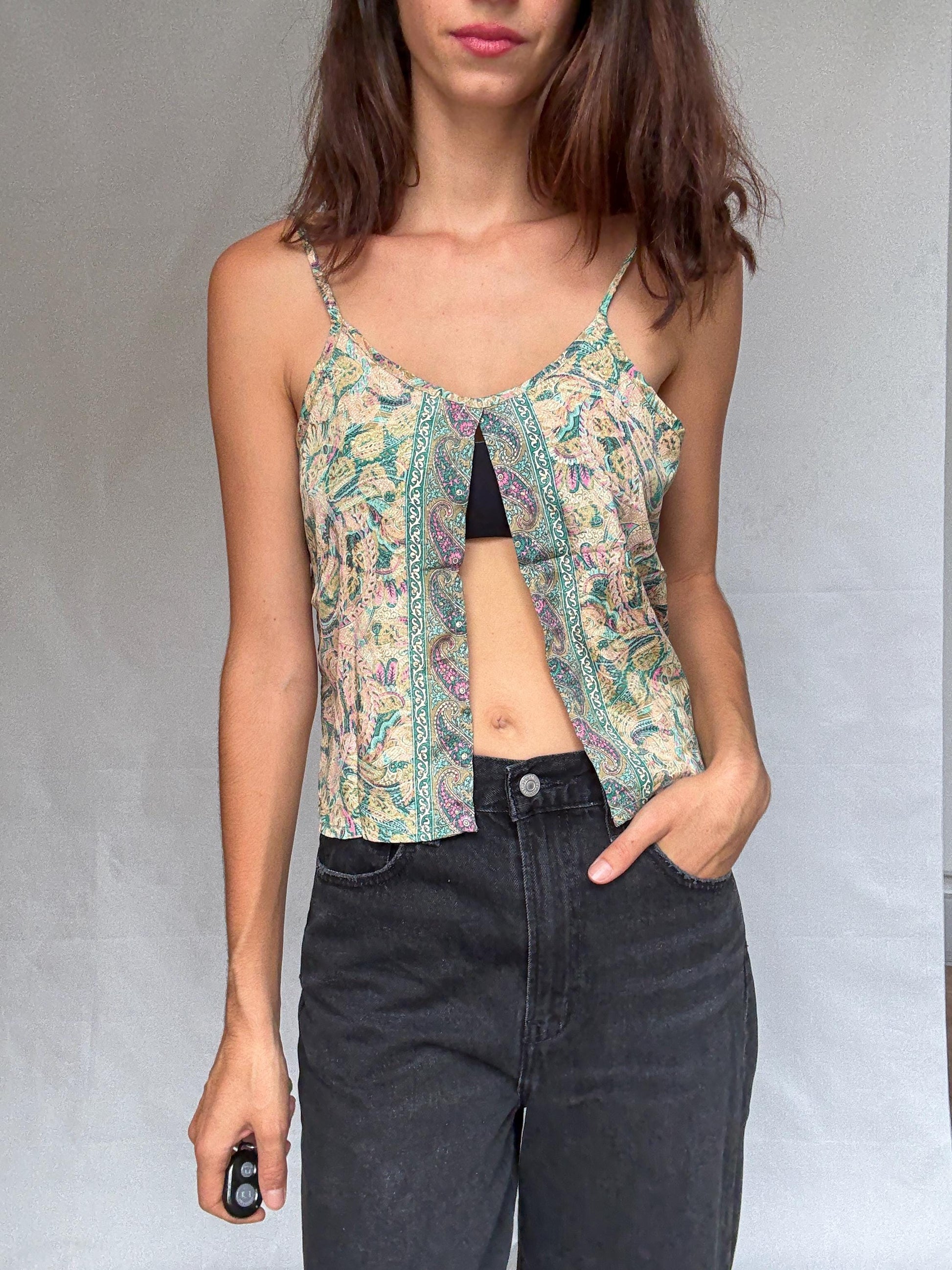 Silk boho camisole top, Paisley print flowy tank top, Spaghetti straps sexy cut open bohemian Sienna Miller aesthetic, US S, festival wear