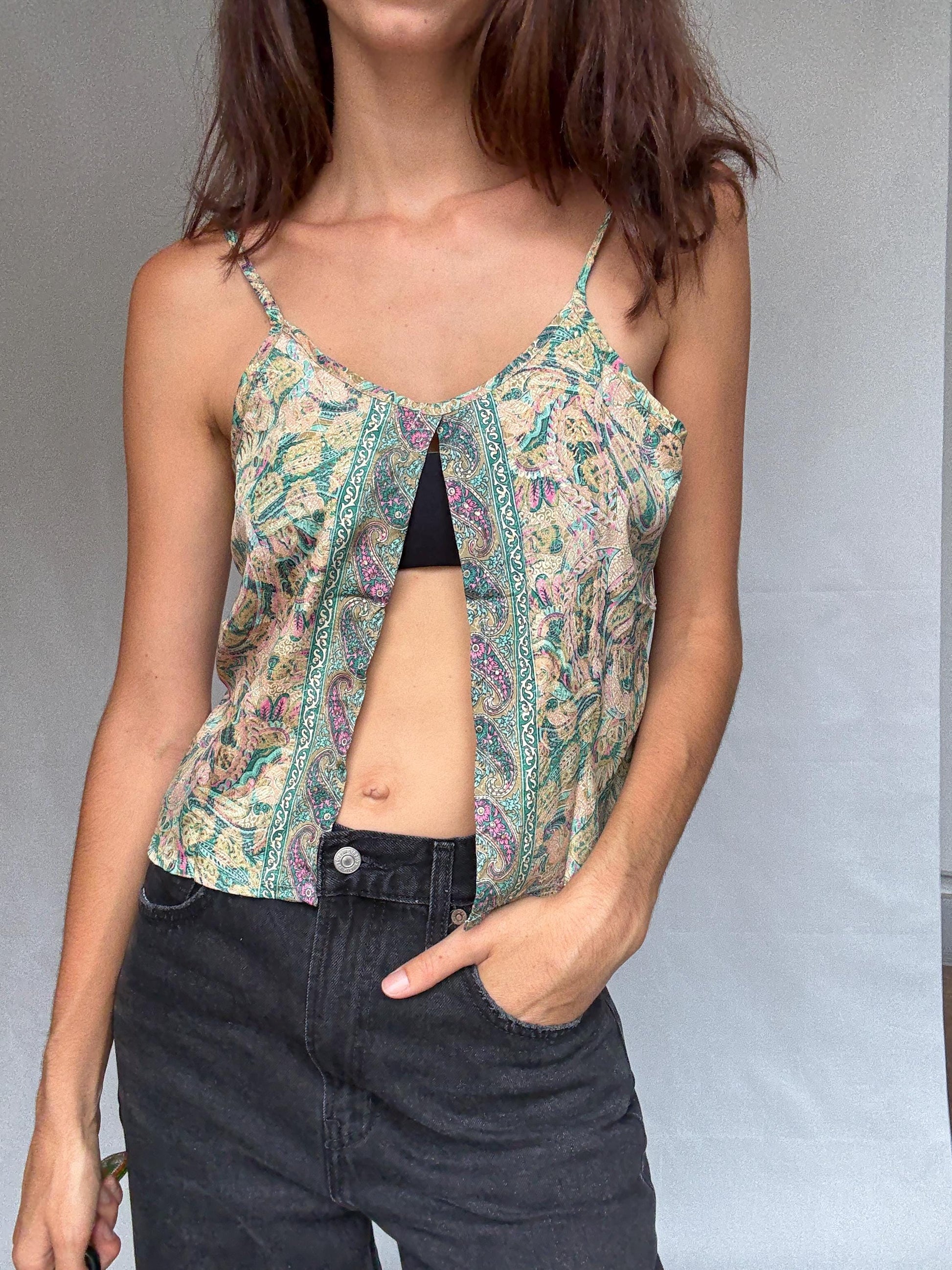 Silk boho camisole top, Paisley print flowy tank top, Spaghetti straps sexy cut open bohemian Sienna Miller aesthetic, US S, festival wear