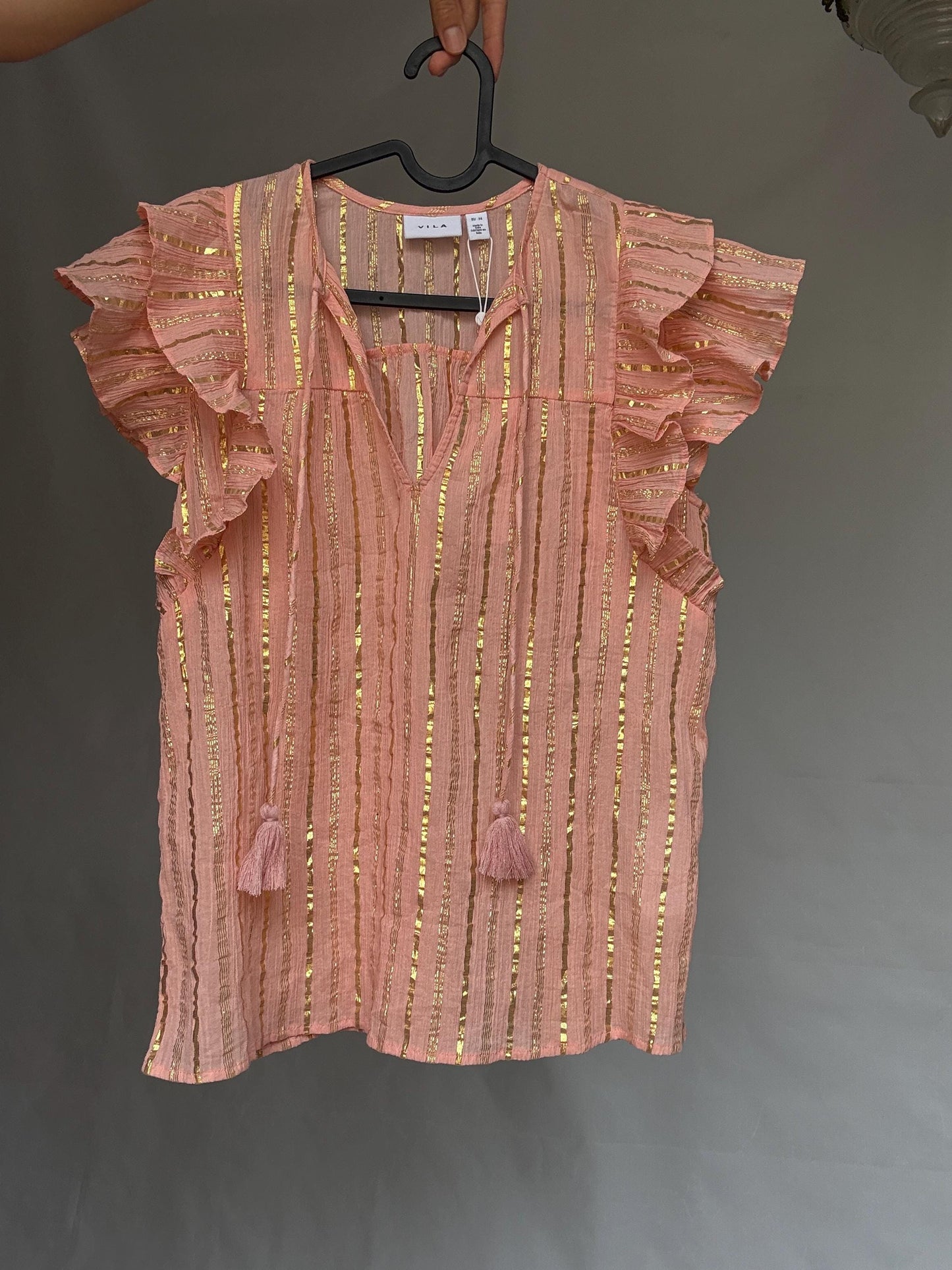 Vila pink and gold striped cotton top with metallic shimmering stripes, Romantic touch, US XS, summer sparkle wear