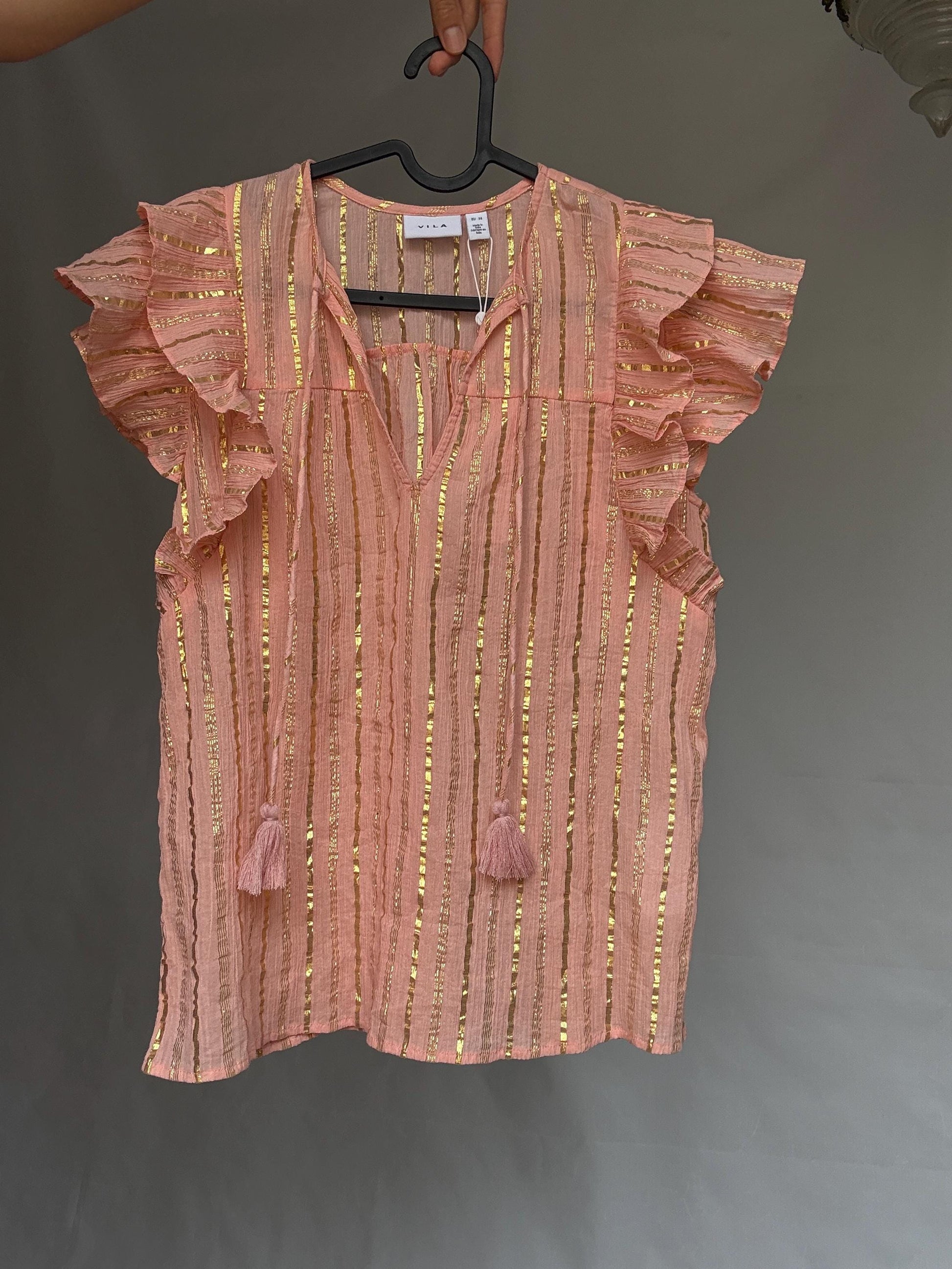 Vila pink and gold striped cotton top with metallic shimmering stripes, Romantic touch, US XS, summer sparkle wear