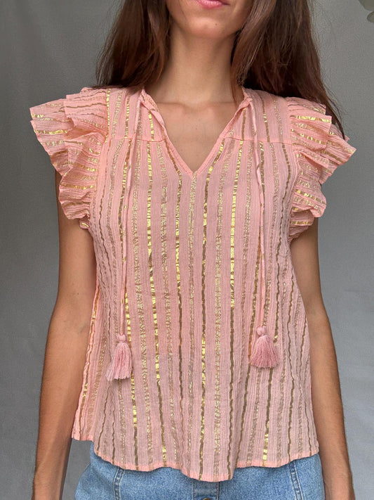 Vila pink and gold striped cotton top with metallic shimmering stripes, Romantic touch, US XS, summer sparkle wear