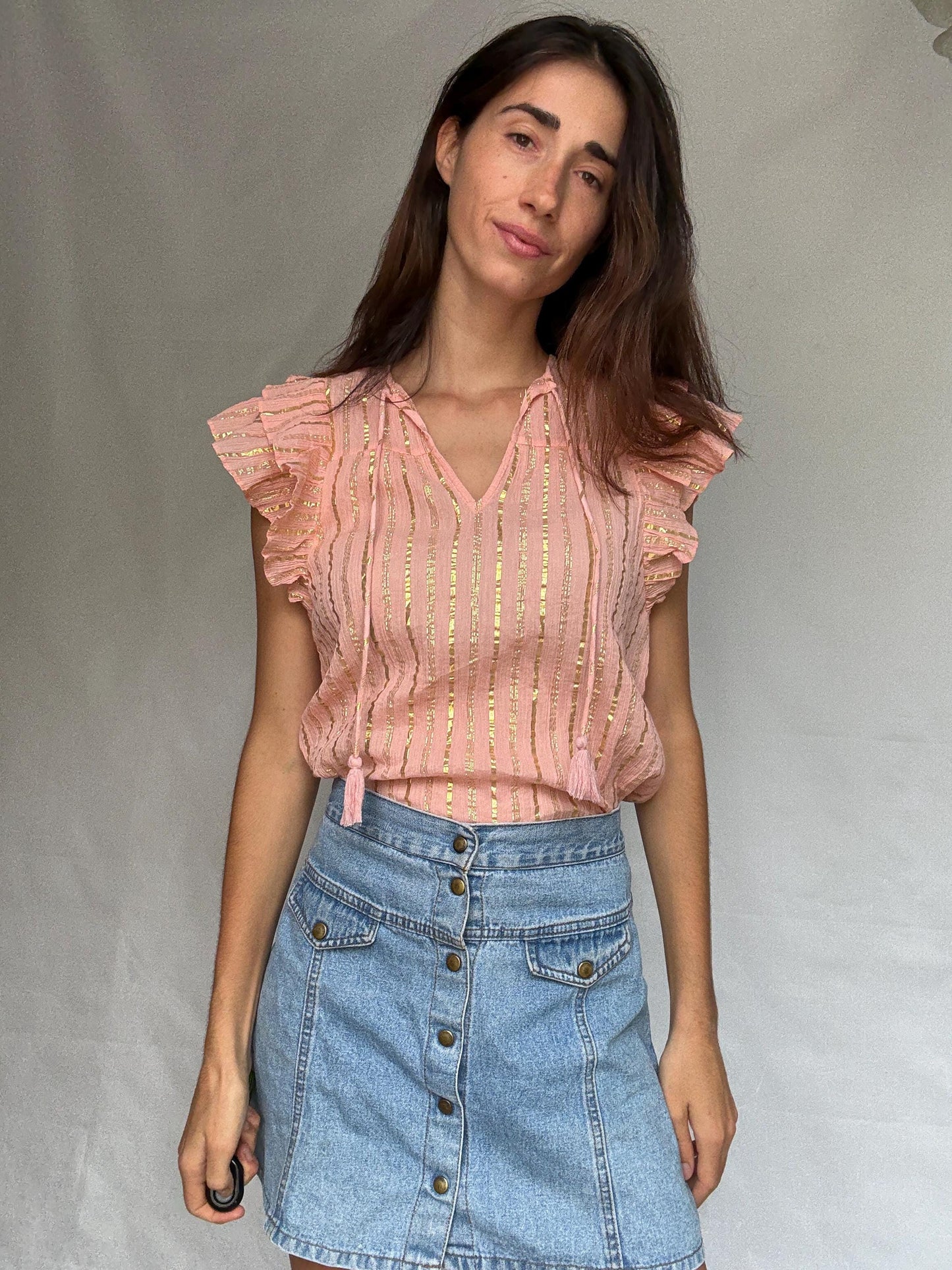 Vila pink and gold striped cotton top with metallic shimmering stripes, Romantic touch, US XS, summer sparkle wear