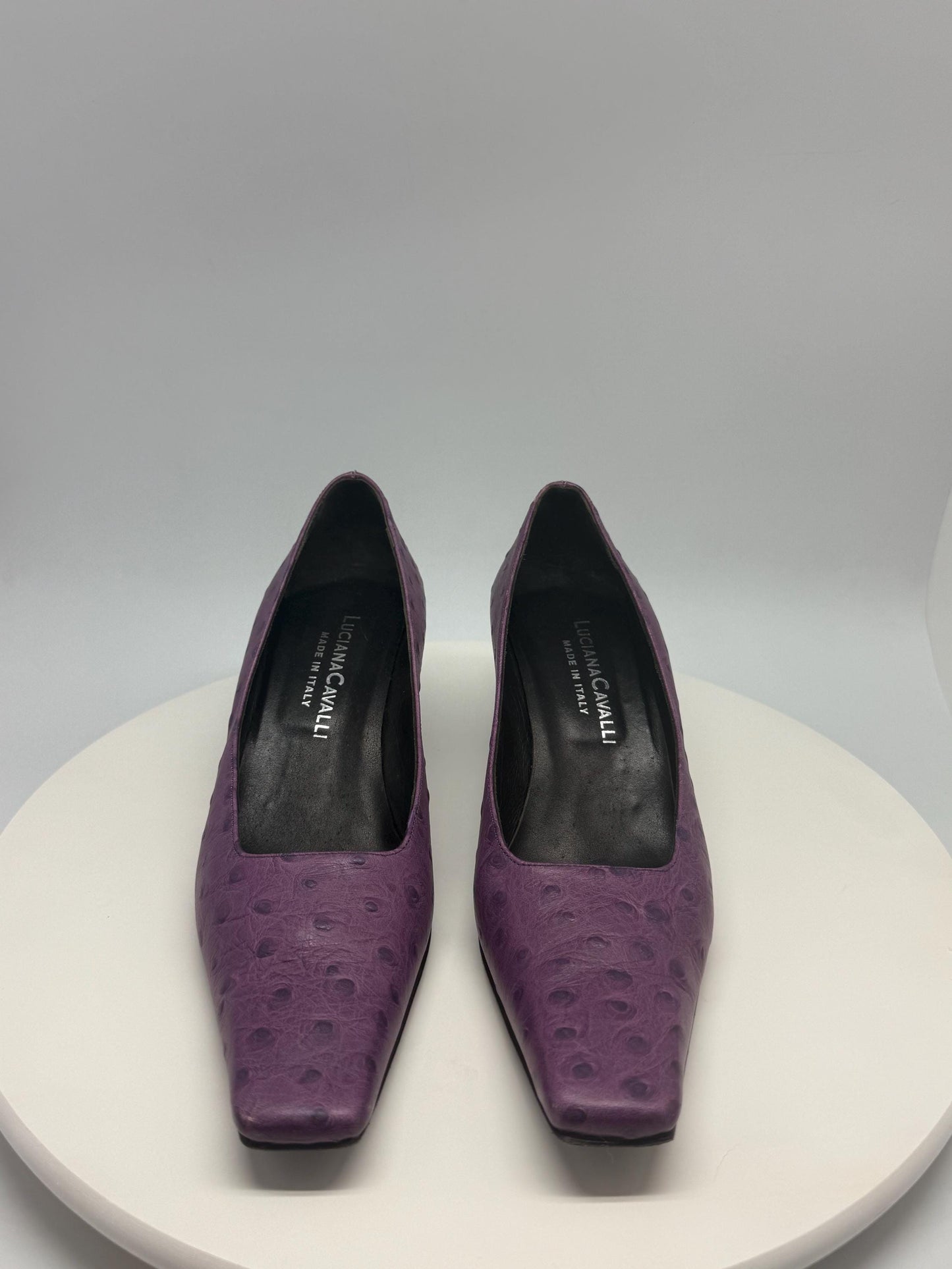 Luciana Cavalli purple leather heels, Y2K vintage style, textured leather, square toe, US 8, EU 39, evening retro vibe