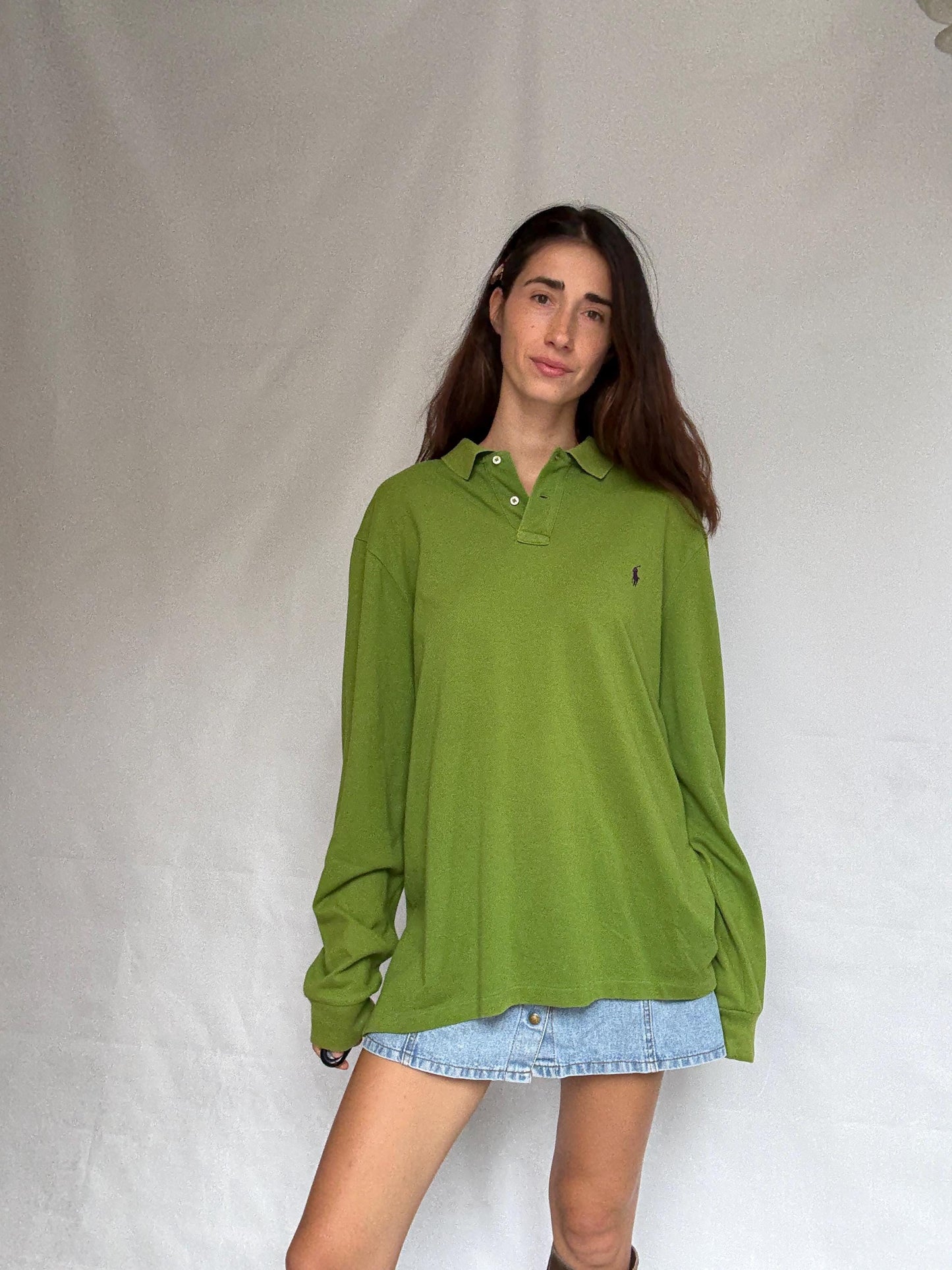 Ralph Lauren green long sleeve polo shirt, 100% cotton slim fit preppy Nicky Hilton Rothschild vibe, US XL, casual streetwear