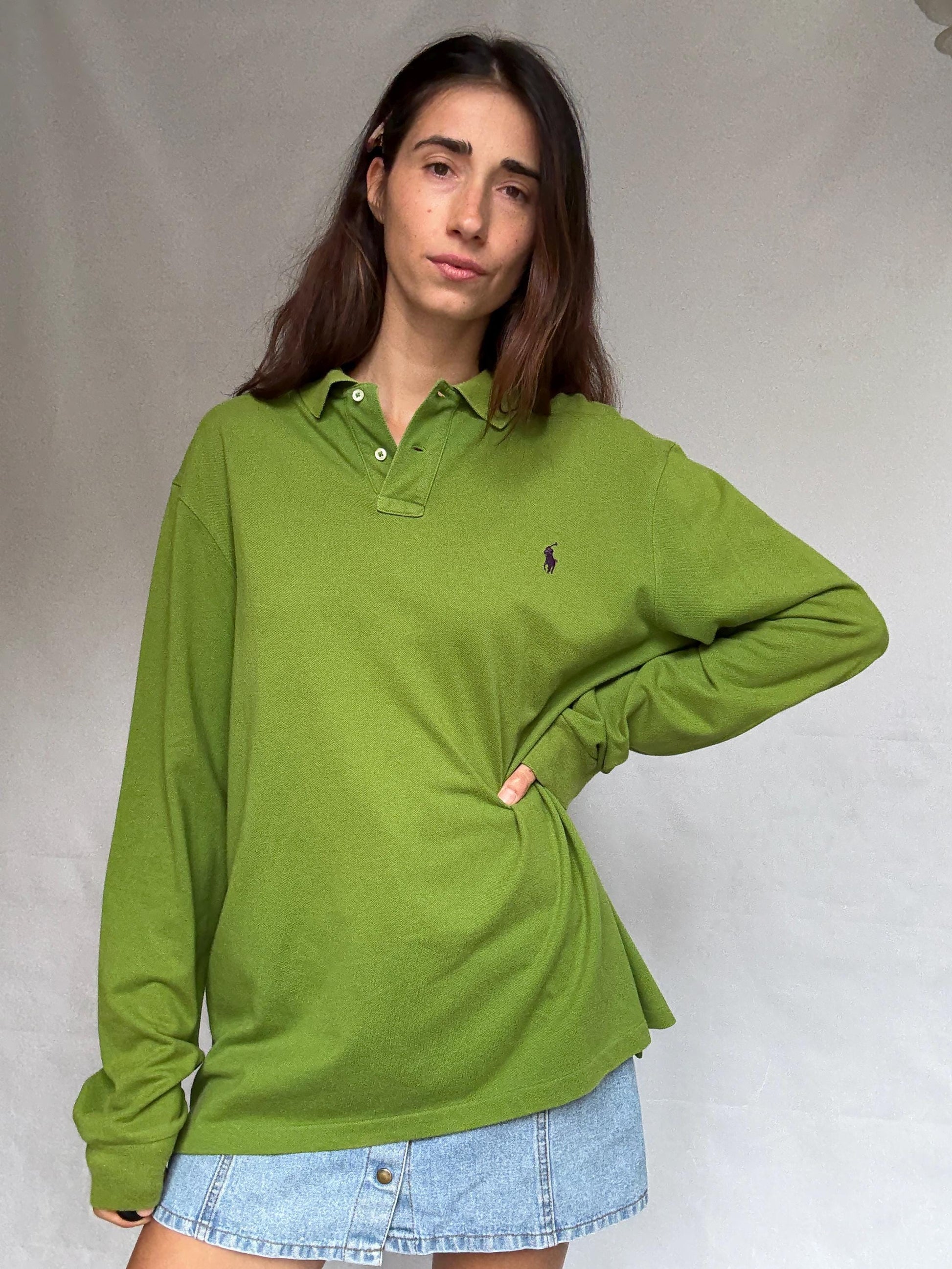 Ralph Lauren green long sleeve polo shirt, 100% cotton slim fit preppy Nicky Hilton Rothschild vibe, US XL, casual streetwear