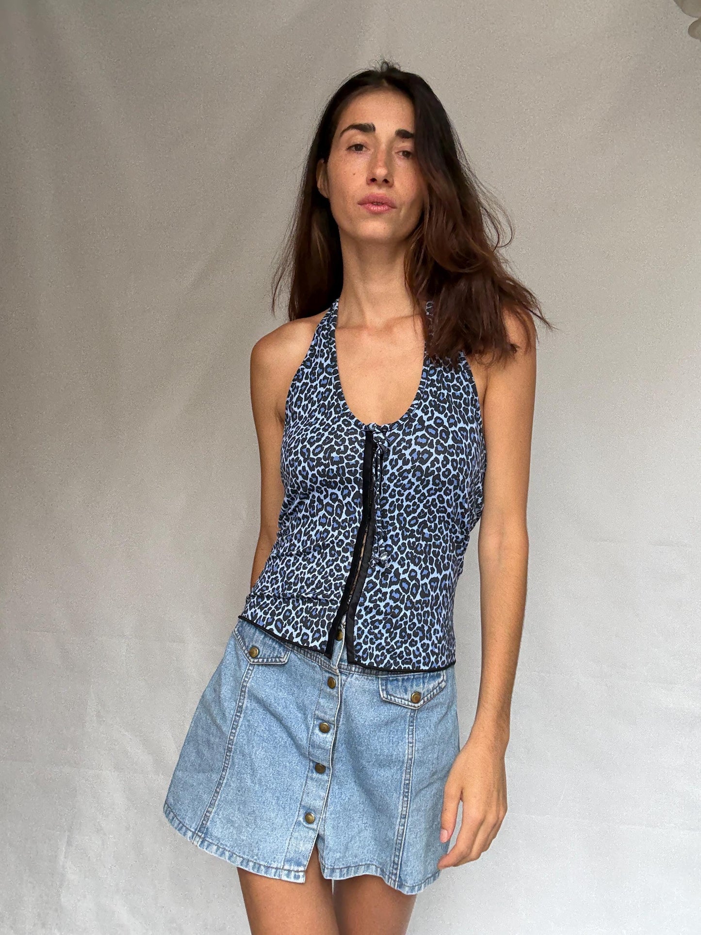 Vintage Y2K blue leopard halter top, Corset hook and loop front, Playful animal print, US M, 90s evening statement piece