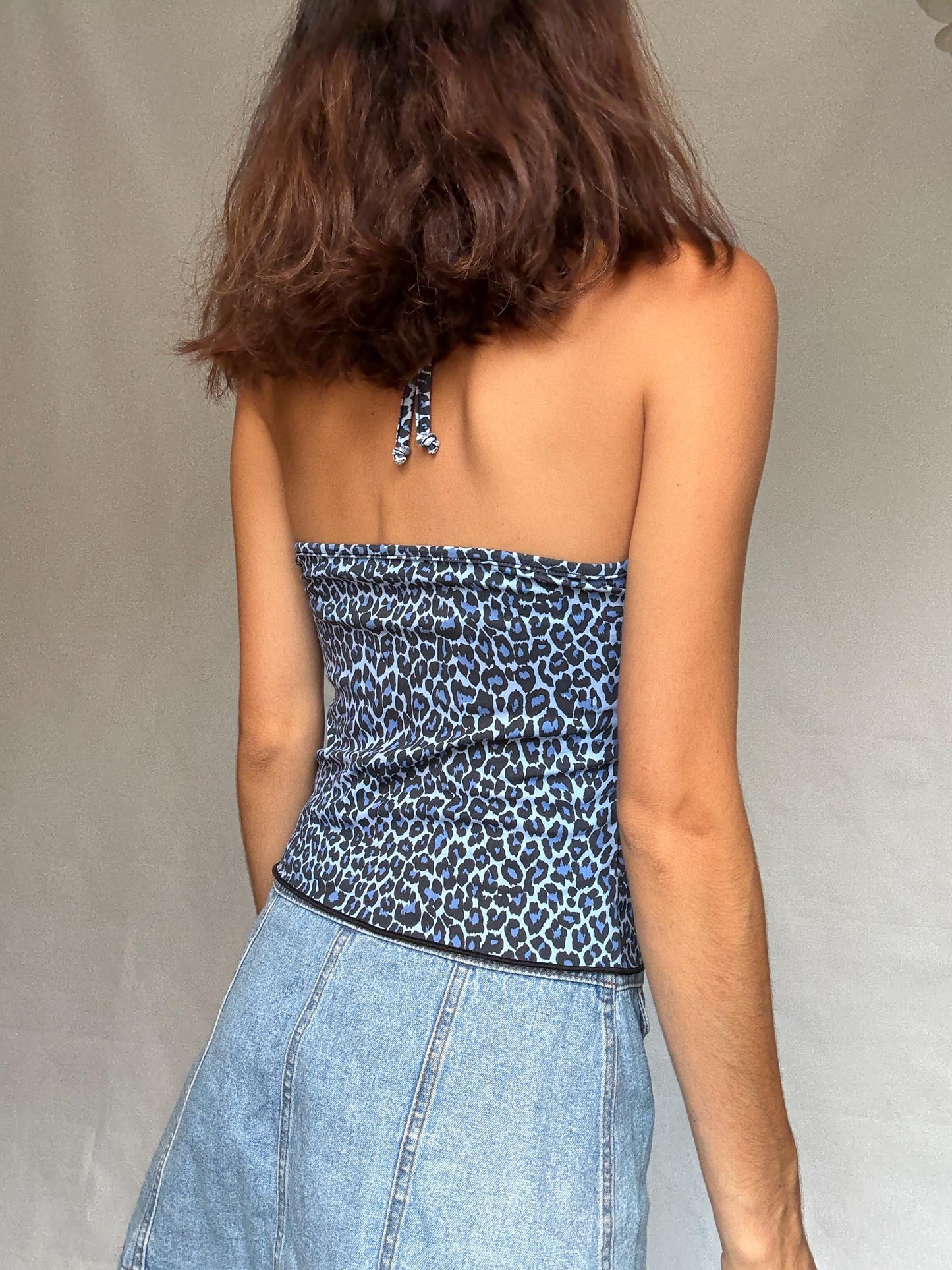 Vintage Y2K blue leopard halter top, Corset hook and loop front, Playful animal print, US M, 90s evening statement piece