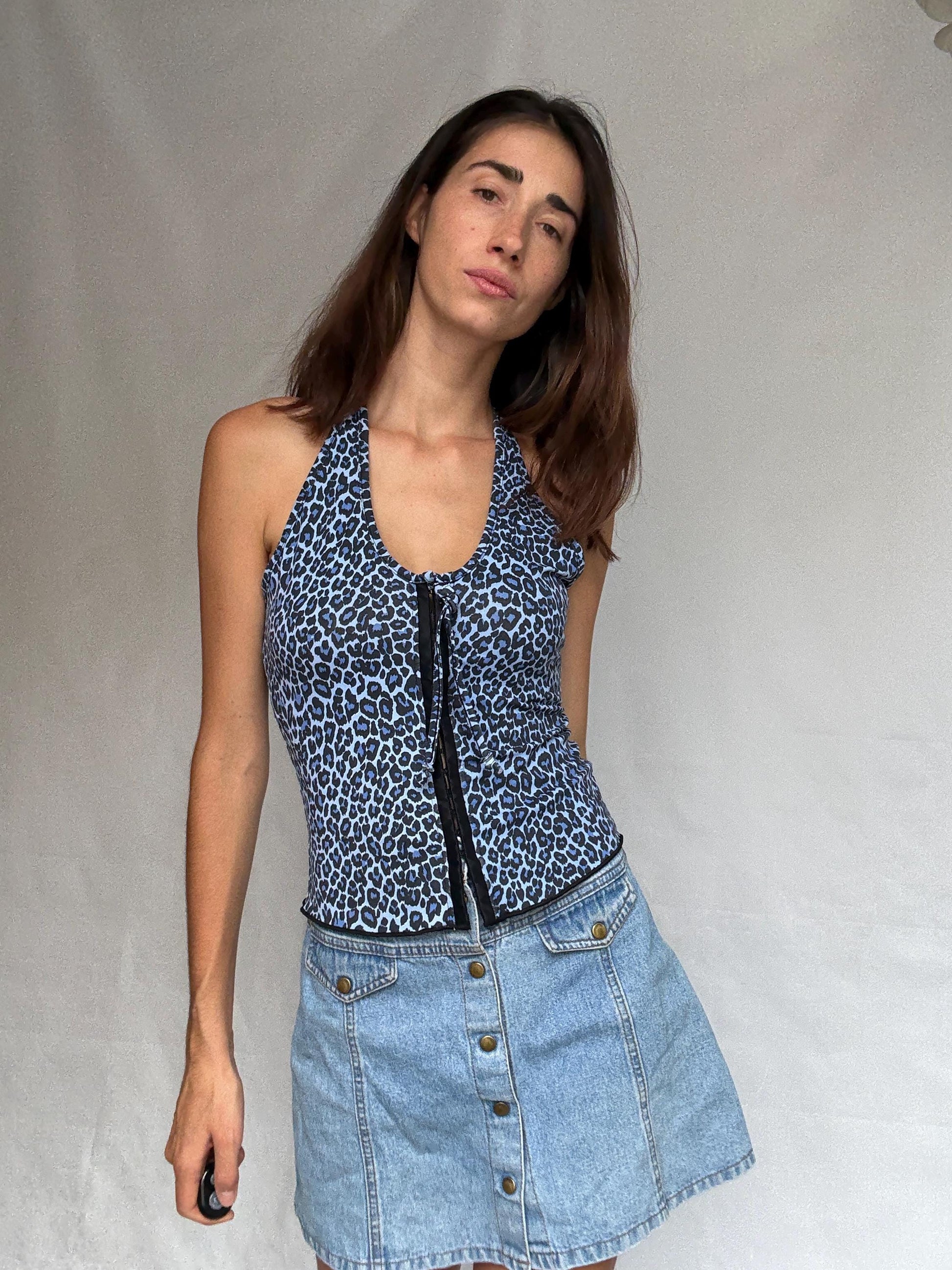 Vintage Y2K blue leopard halter top, Corset hook and loop front, Playful animal print, US M, 90s evening statement piece