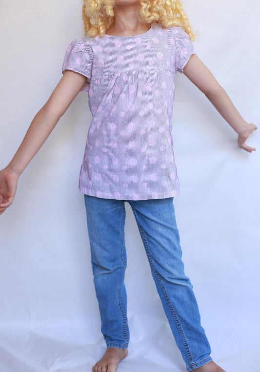 Sessun pink polka dot top, 100% cotton, crew neck, puffed sleeves, gathered detail, light academia, US XS kids, casual streetwear