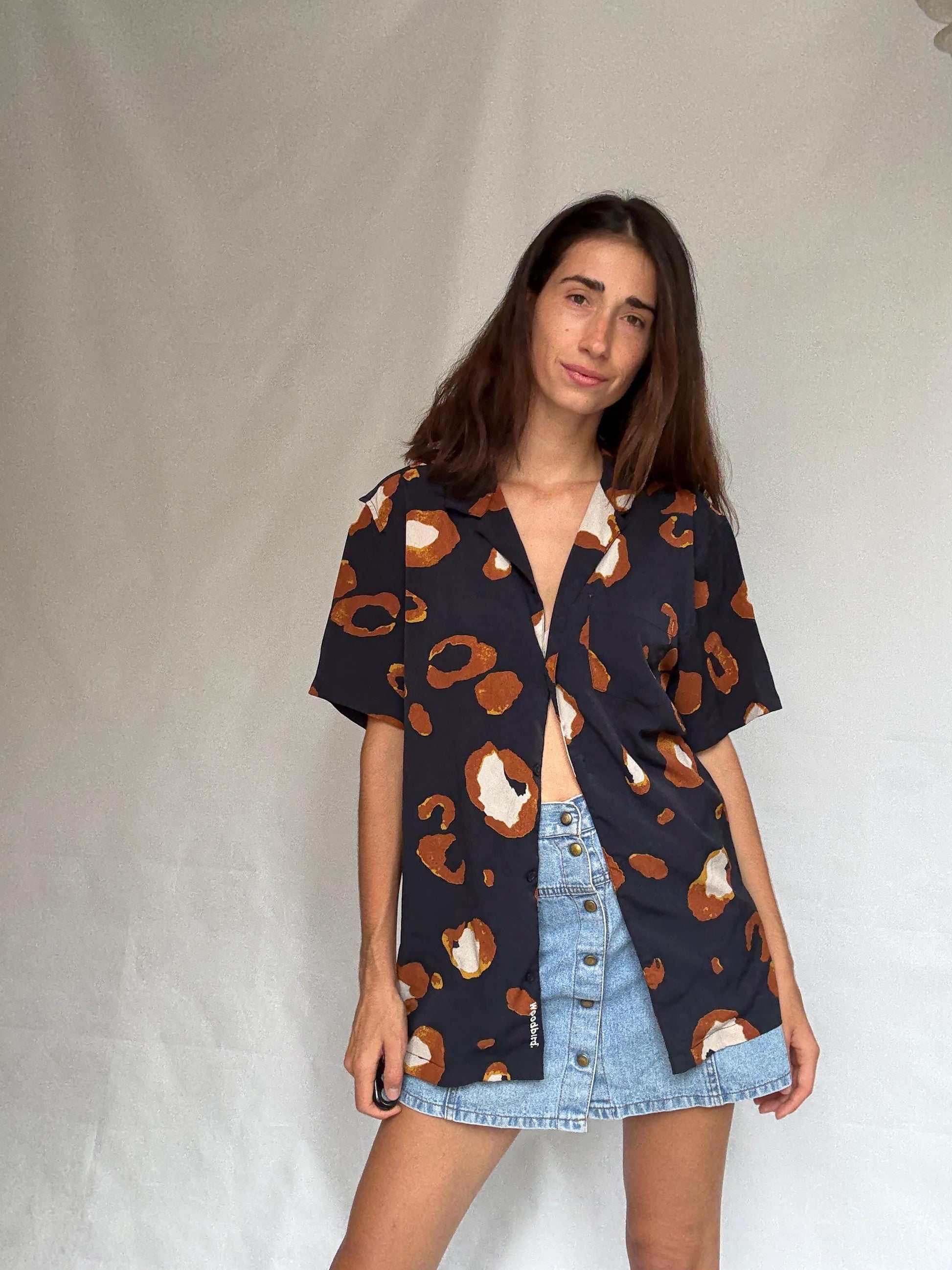 Woodbird abstract print shirt, relaxed fit button, up with a bold pattern, y2k Jared Leto, US XL, summer casual vibe