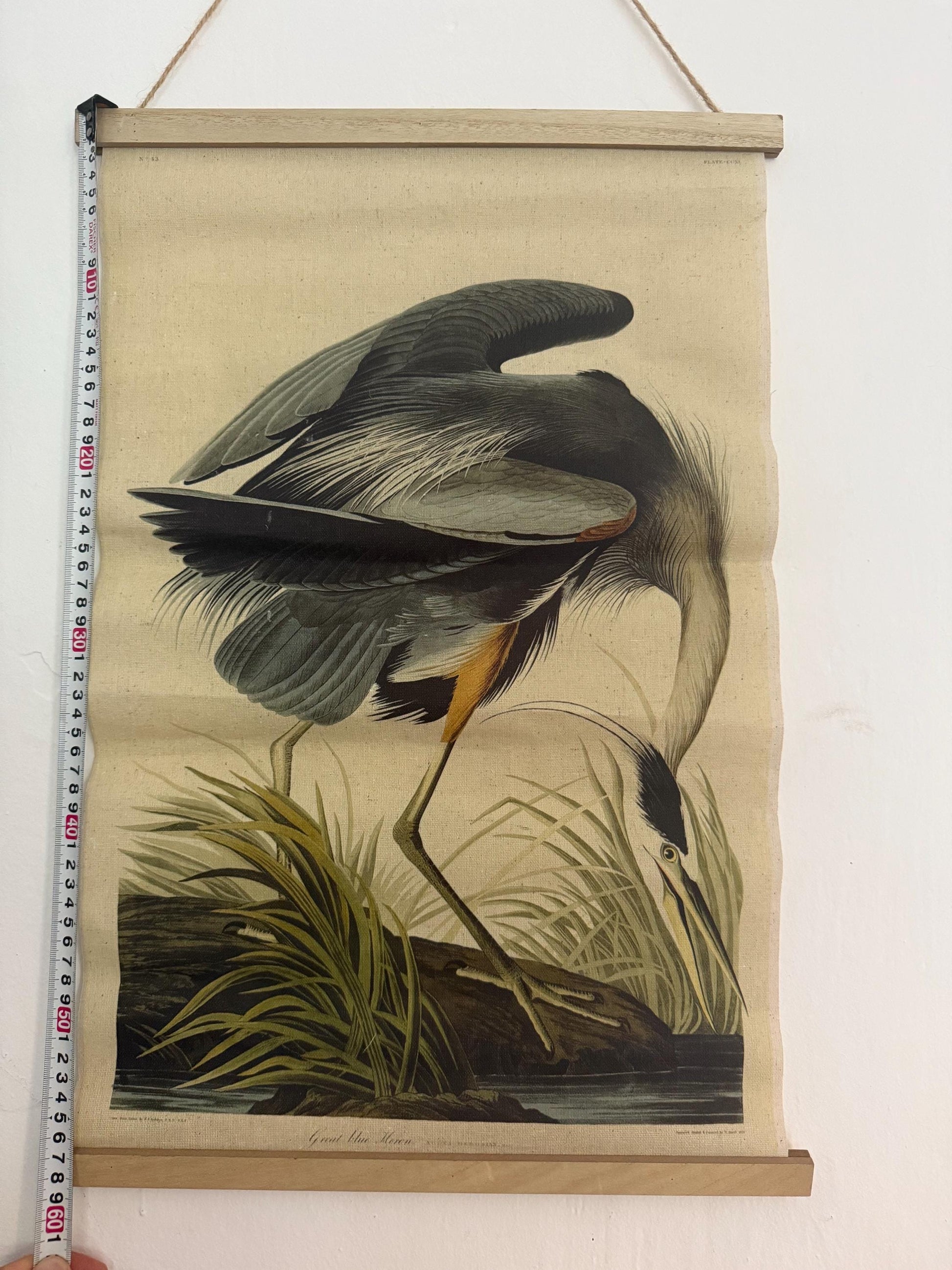 John James Audubon Style Great Blue Heron Linen Wall Hanging, Natural History Bird Illustration, Vintage Inspired Home Decor