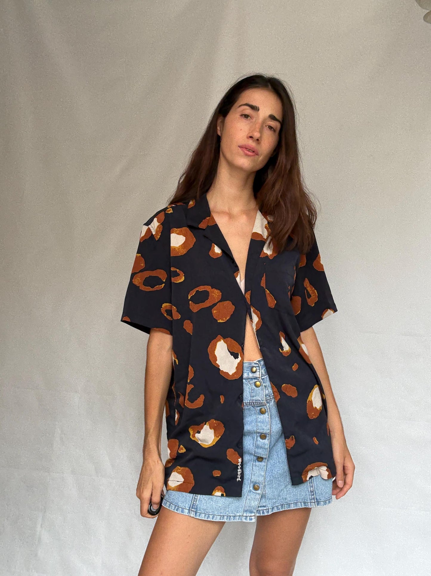 Woodbird abstract print shirt, relaxed fit button, up with a bold pattern, y2k Jared Leto, US XL, summer casual vibe