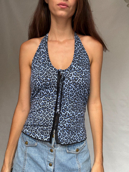 Vintage Y2K blue leopard halter top, Corset hook and loop front, Playful animal print, US M, 90s evening statement piece