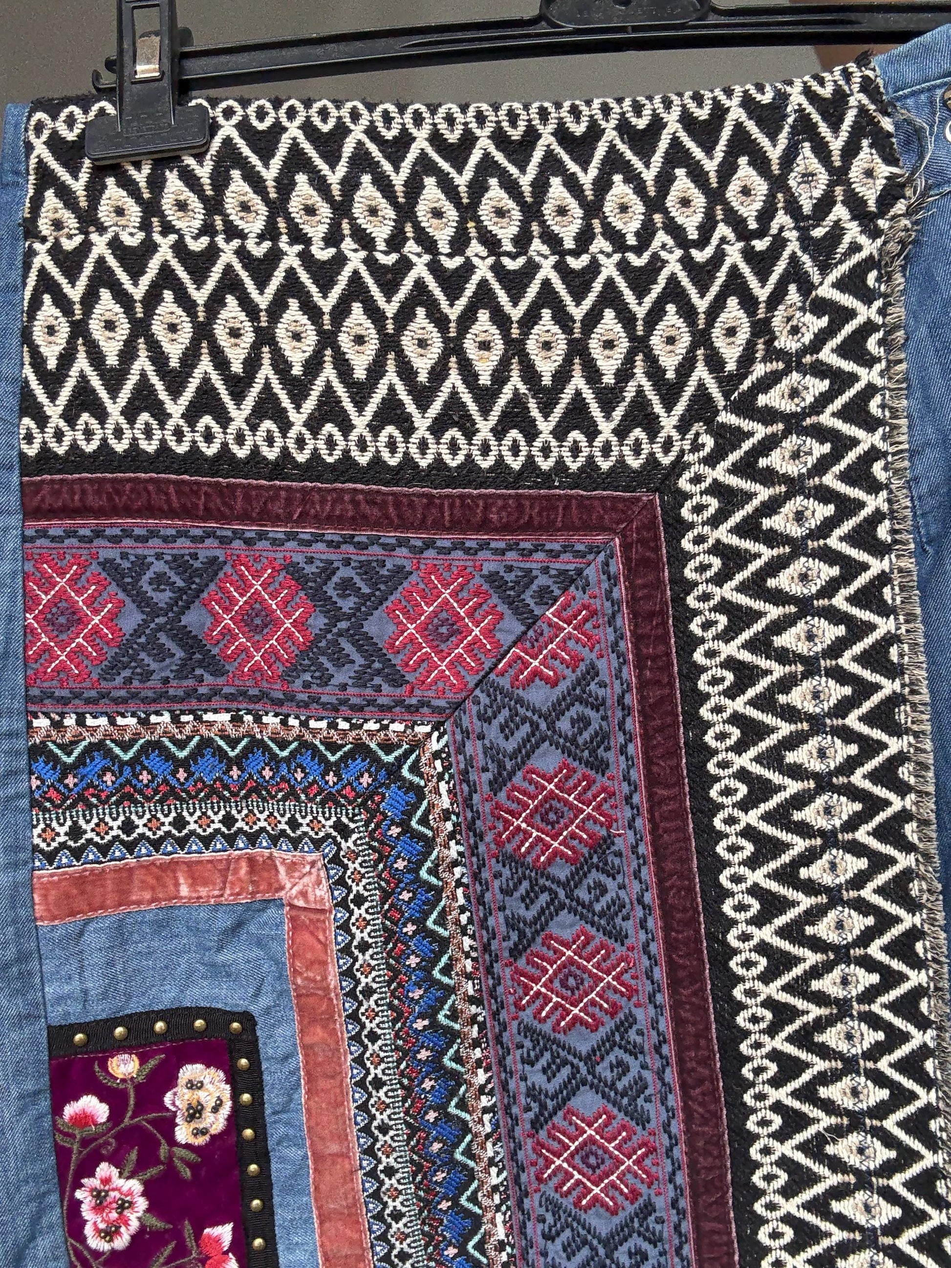 Desigual blue denim wrap skirt, Spanish designer skirt with asymmetrical lines and embroidery details, bohemian eclectic style, Size S