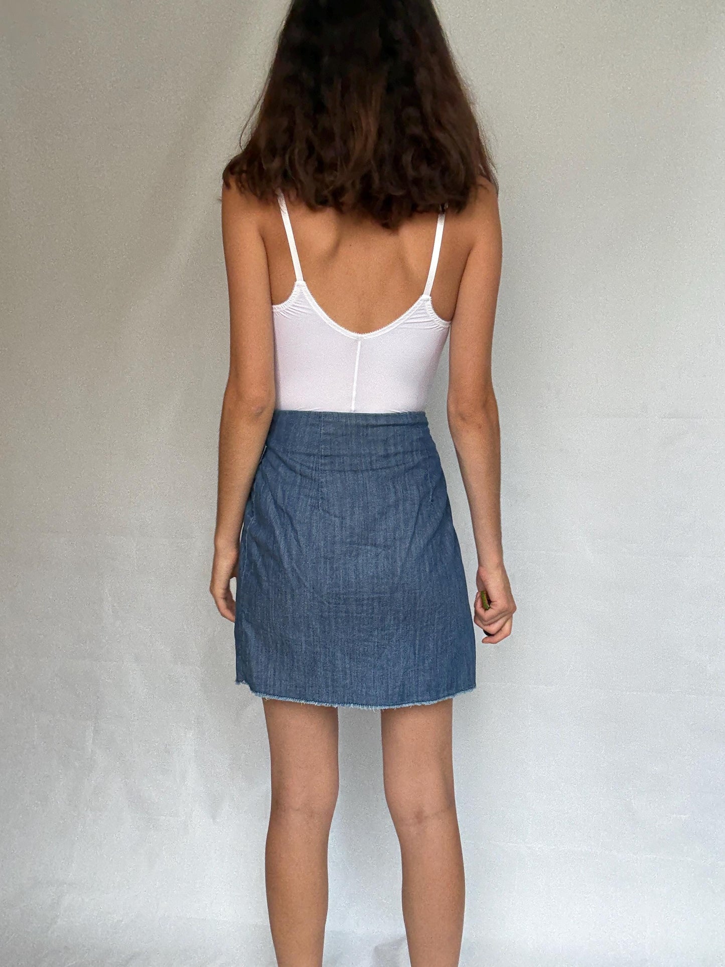 Desigual blue denim wrap skirt, Spanish designer skirt with asymmetrical lines and embroidery details, bohemian eclectic style, Size S