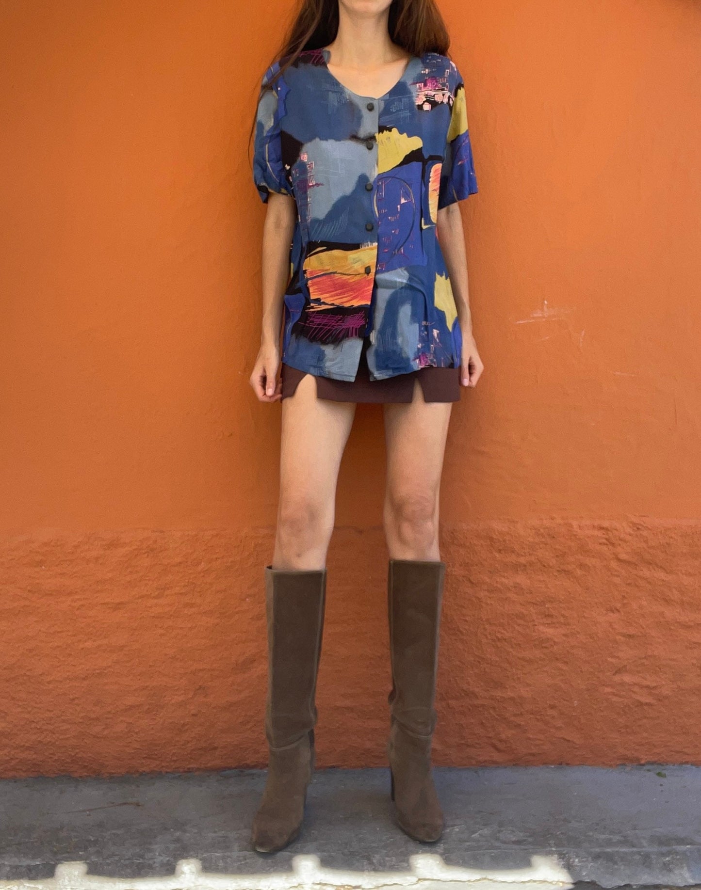 Vintage 80s Women's Blouse Oversized Retro Shirt Abstract Colourful Pattern Loose Fit DE 40 L