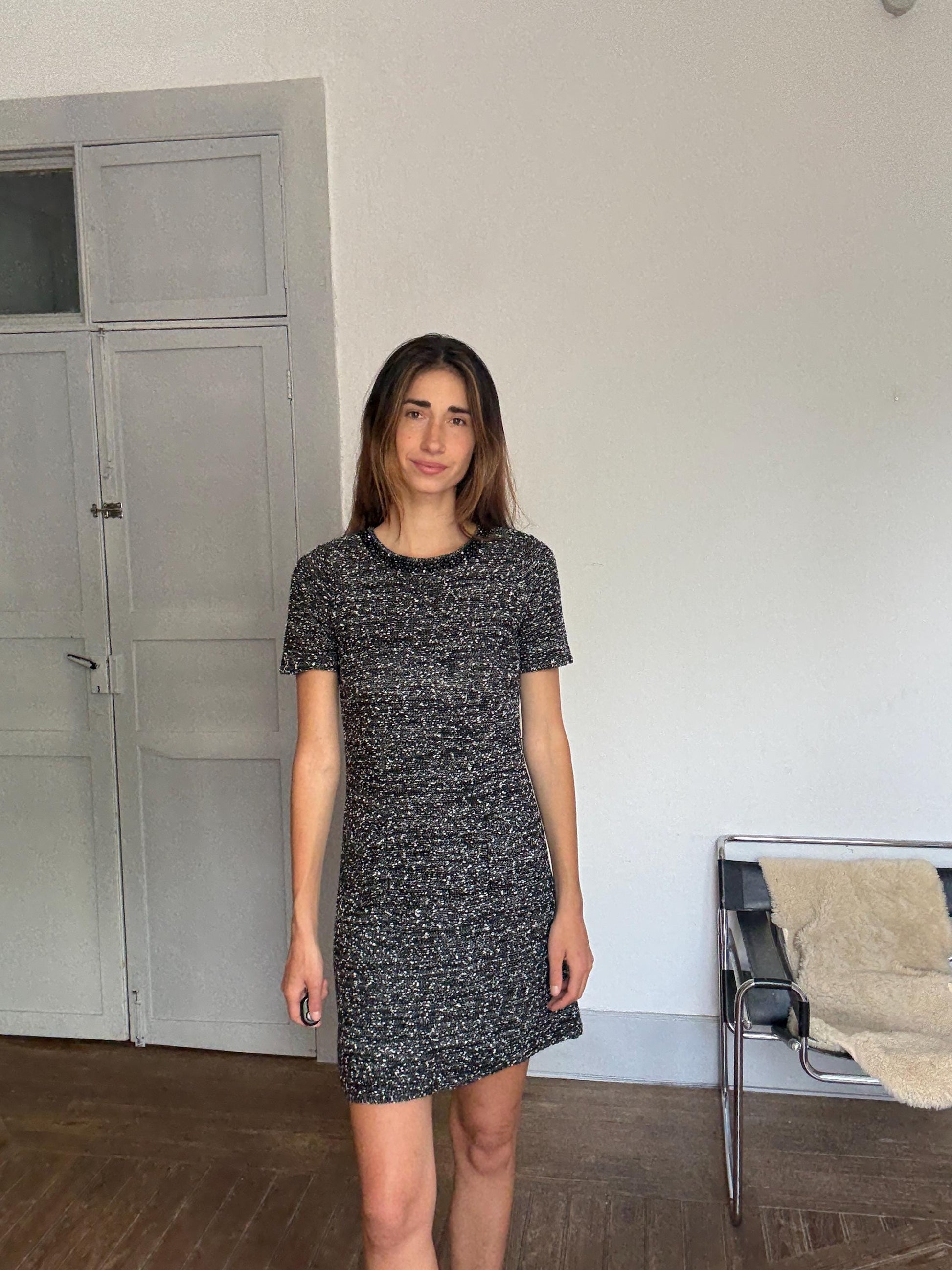 Luxe Beaded Tweed Mini Dress, Spanish designer Luxury, Simple modern a lini short woman dress, Size M (UK 10 / US 6)