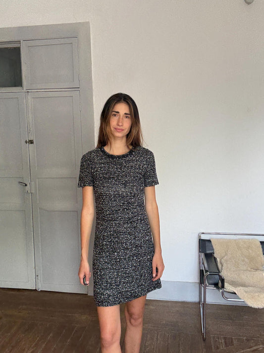 Luxe Beaded Tweed Mini Dress, Spanish designer Luxury, Simple modern a lini short woman dress, Size M (UK 10 / US 6)
