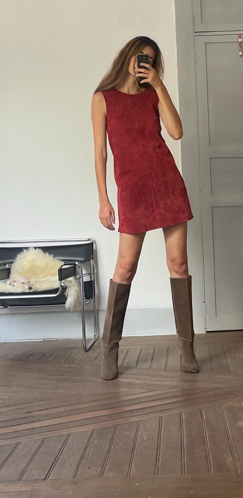 Short A-lini leather mini dress