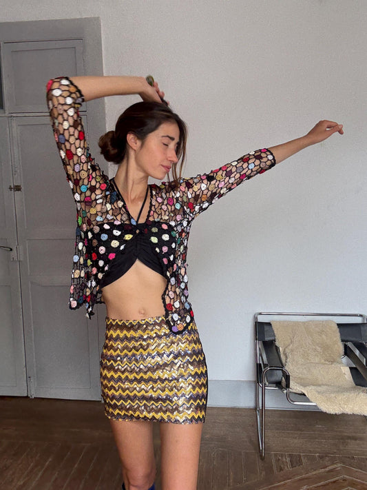 Bohemian Vintage crochet pathwork glitter vest, Boho festival top, S