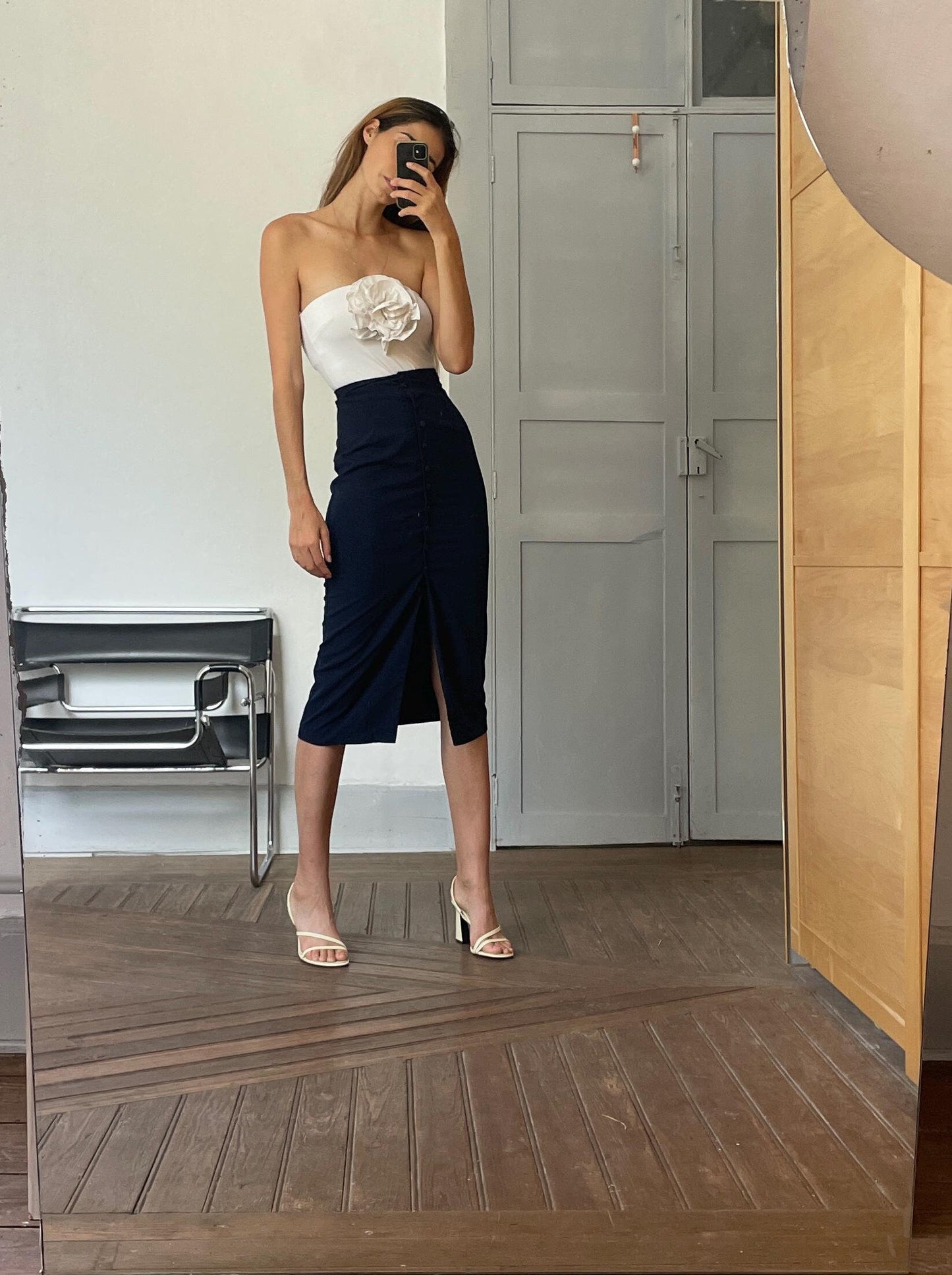 Vintage navy long button down skirt, Elegant fitted high waist maxi skirt, Blue tight pencil skirt,