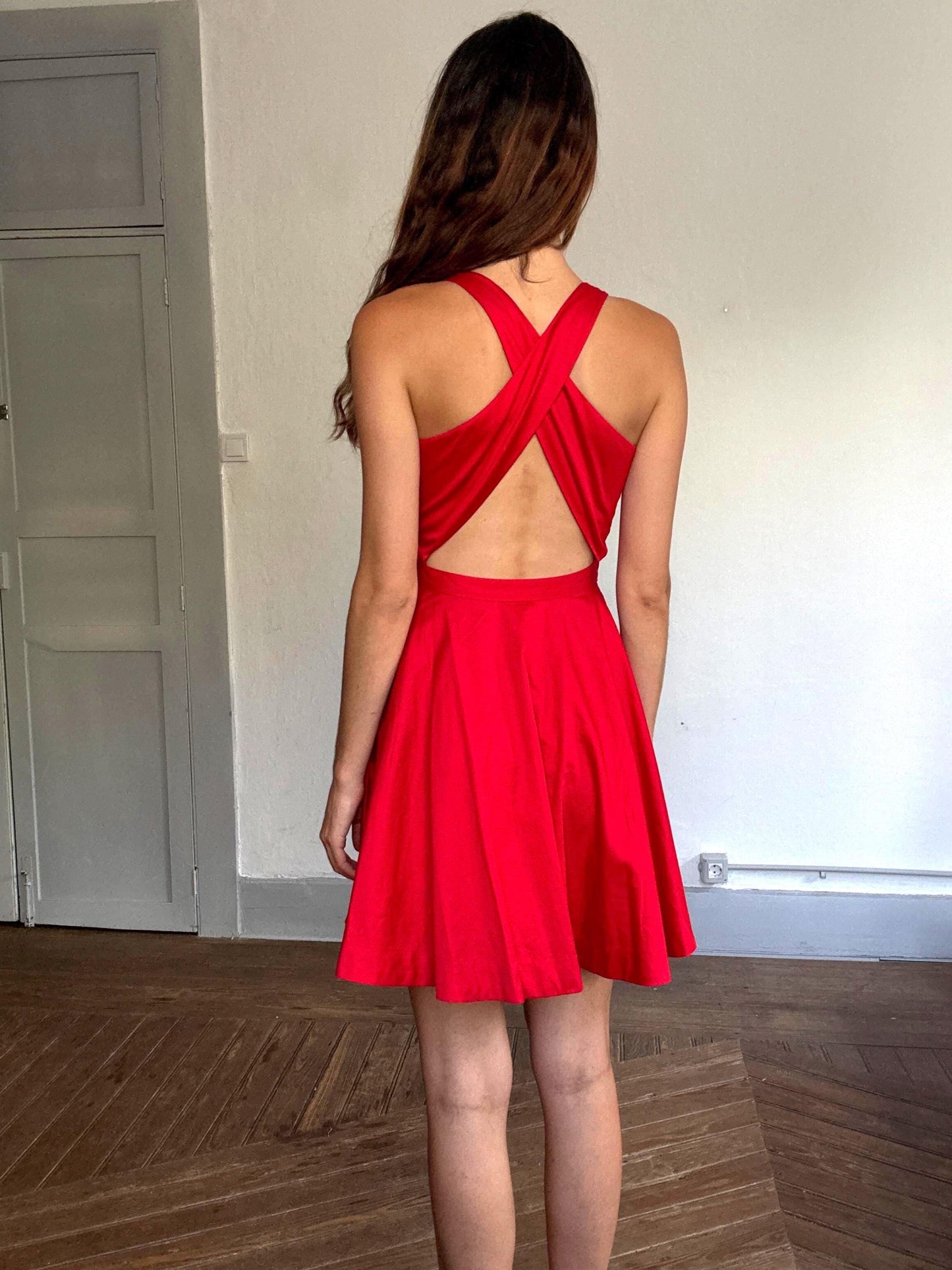 Polo Ralph Lauren red fit & flare dress – US 16, criss-cross back, sleeveless, 100% cotton, bold open-back mini