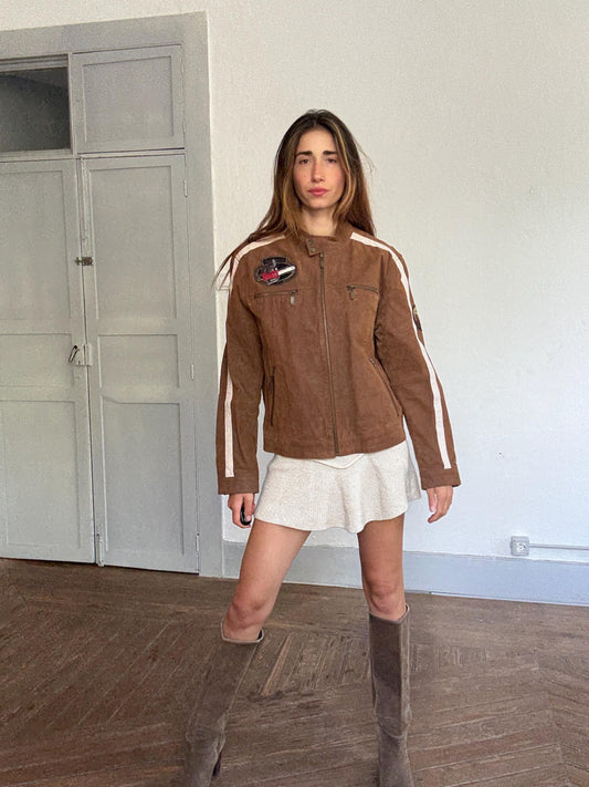 Vintage brown racing leather jacket – size 50, real pigskin, moto patches, 4 outer pockets, retro unisex streetwear