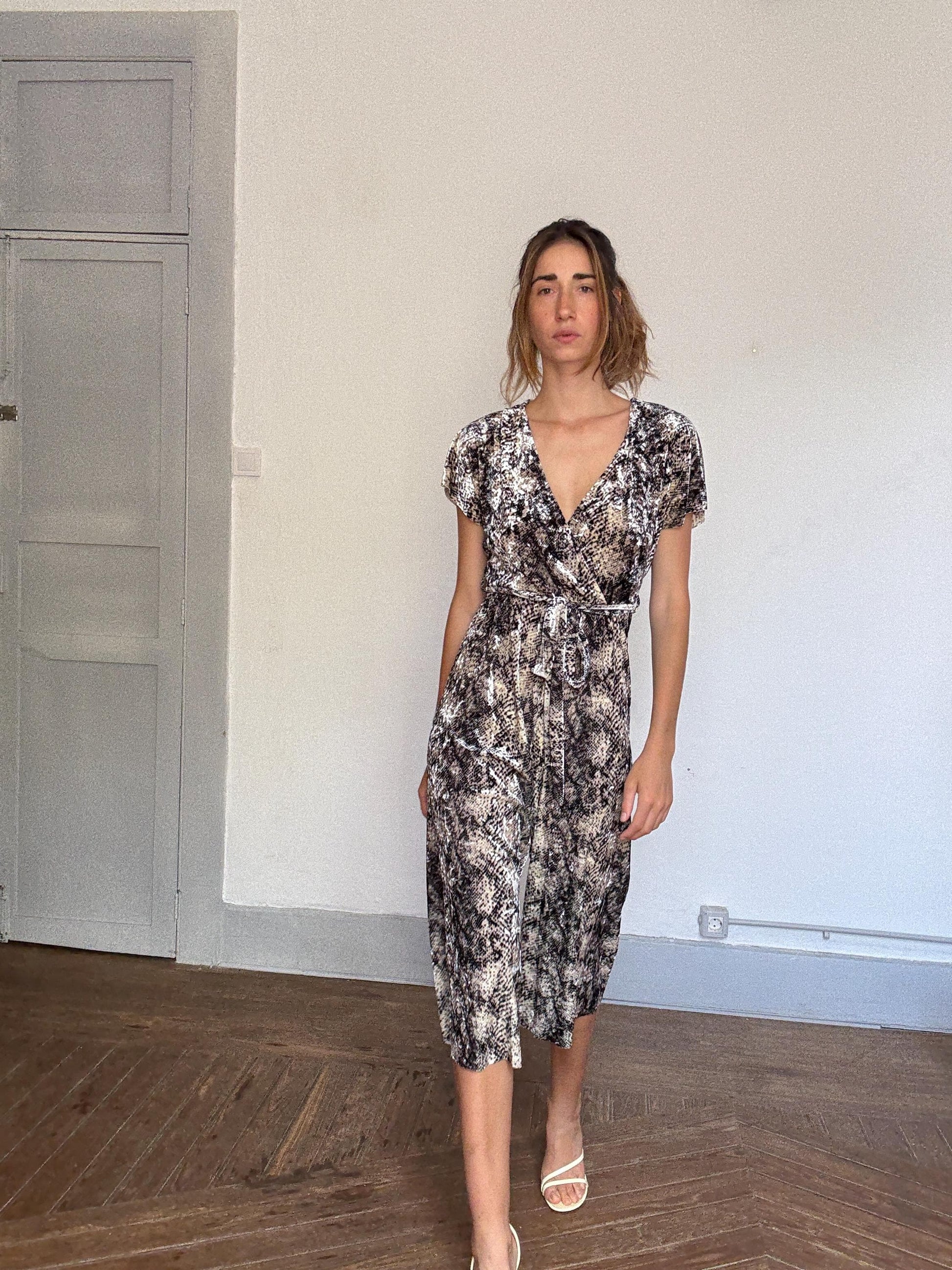Snake Print Wrap Jumpsuit With Belt