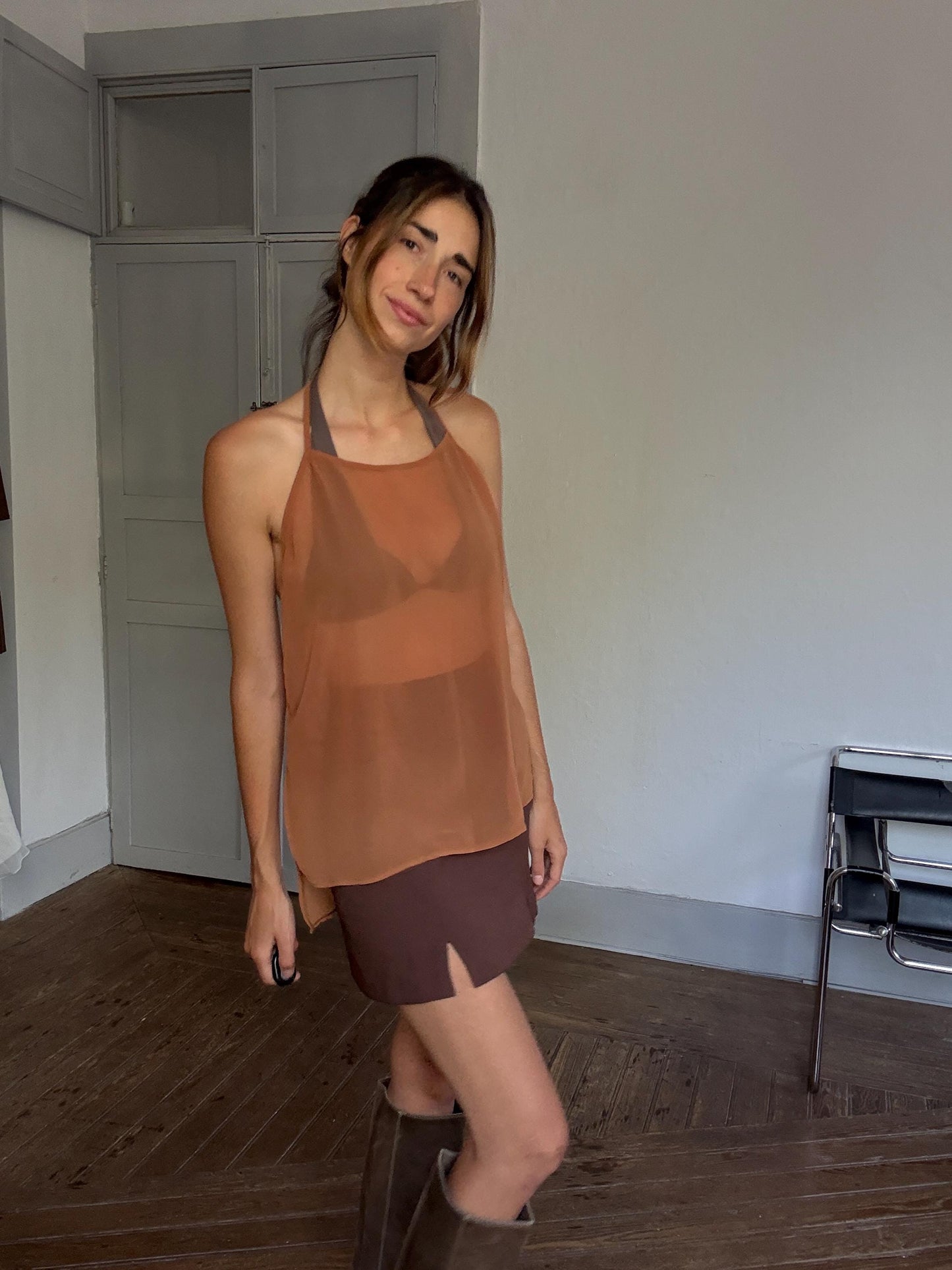Y2K Sheer Brown Halter Top – Festival Mesh Camisole, Earthy Lightweight Tie Neck, See-Through Bikini Cover, Size S/M