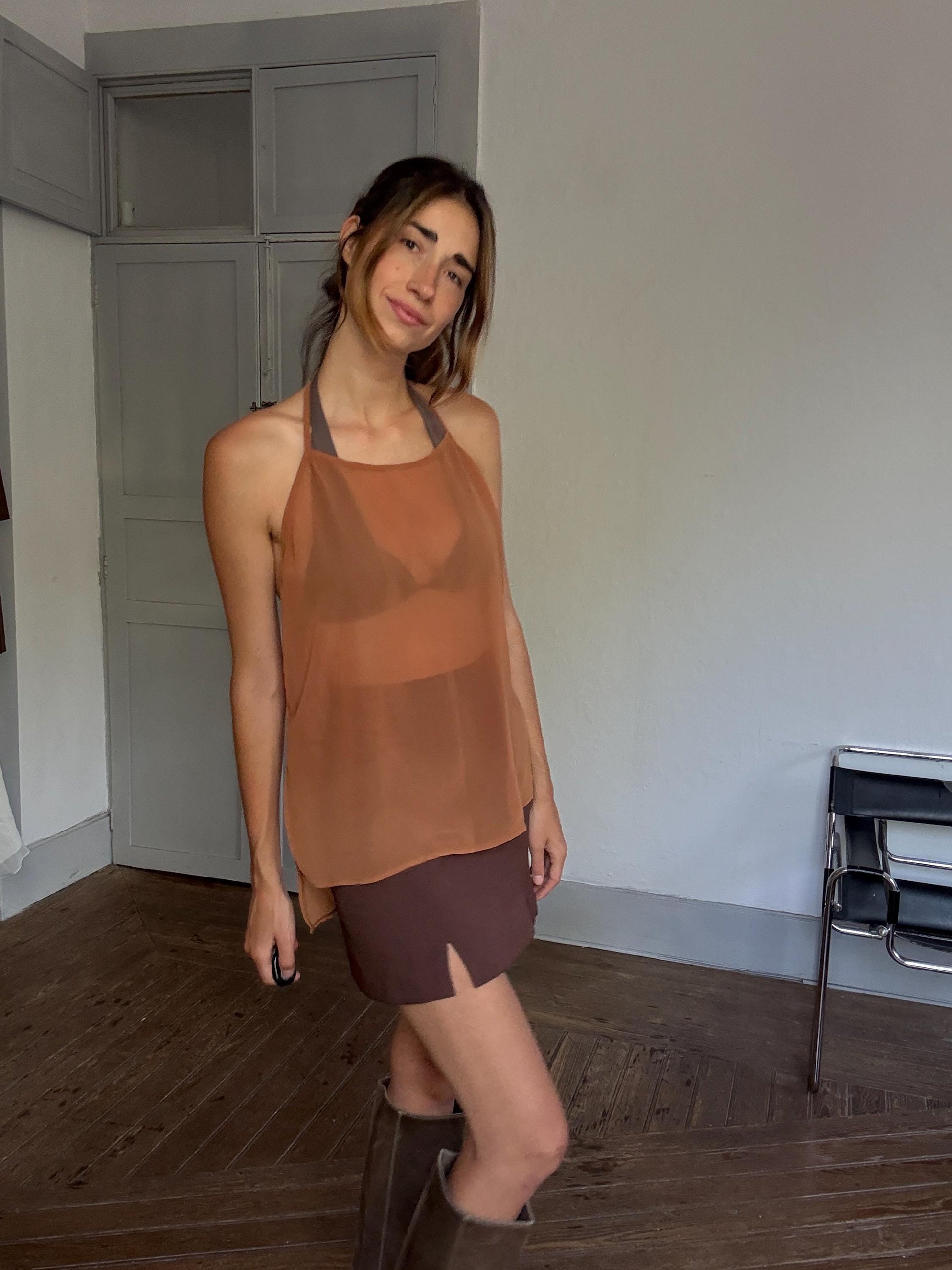 Y2K Sheer Brown Halter Top