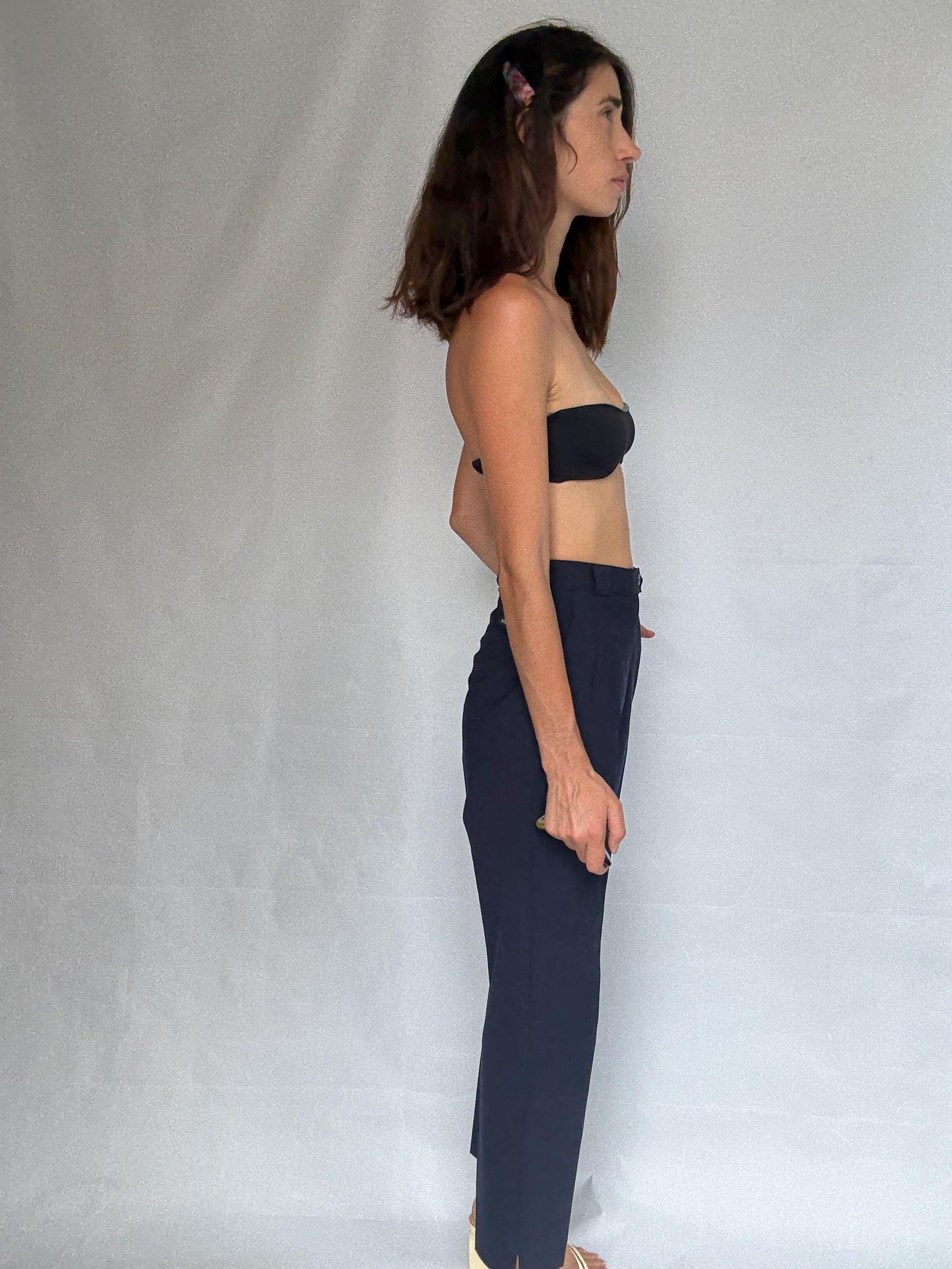 Rosner dark navy blue high waist pants, wool blend tailored fit trousers, Luxe minimalist chic woman trousers, Dark academia aesthetic, US S