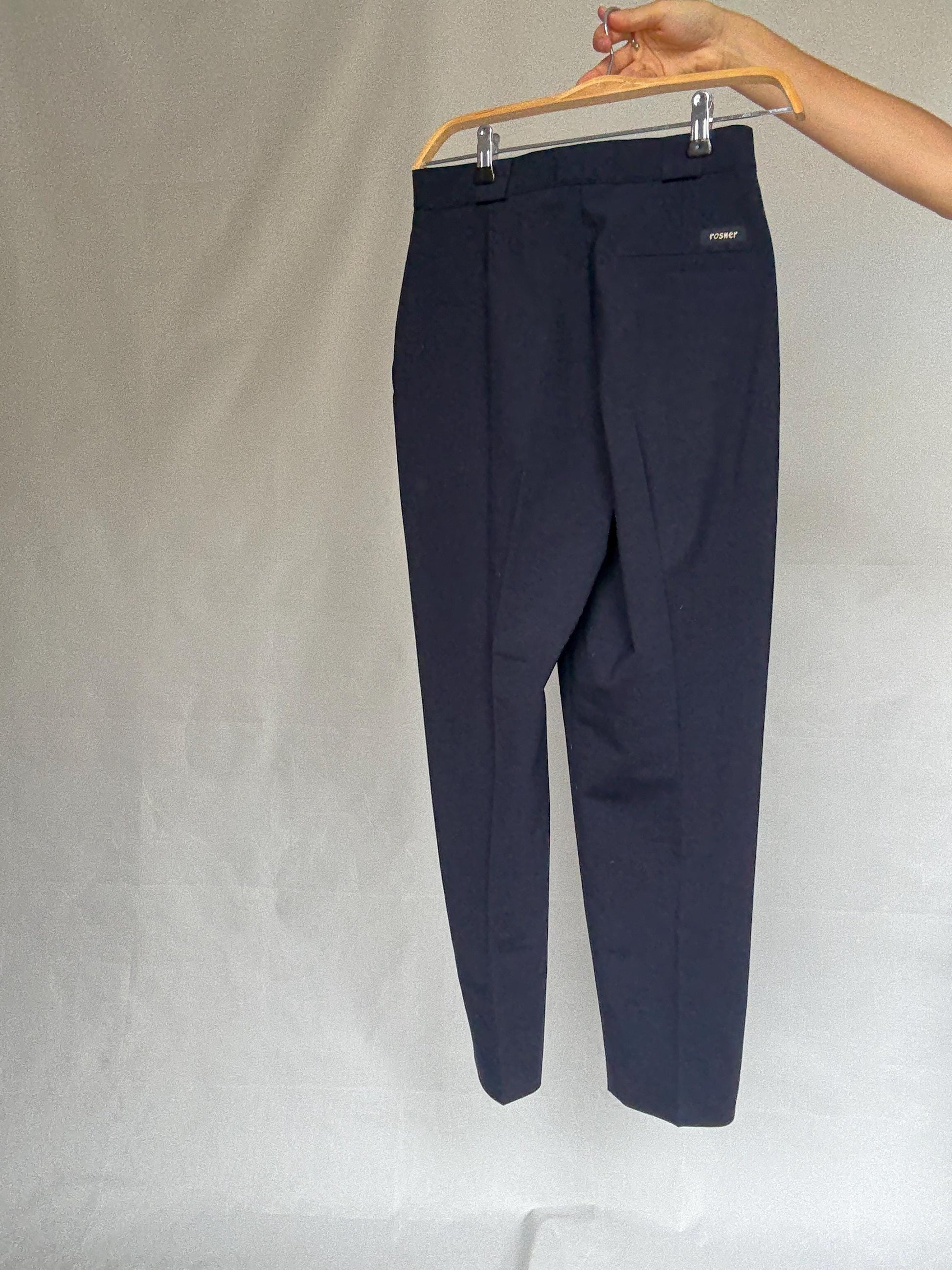Rosner dark navy blue high waist pants, wool blend tailored fit trousers, Luxe minimalist chic woman trousers, Dark academia aesthetic, US S