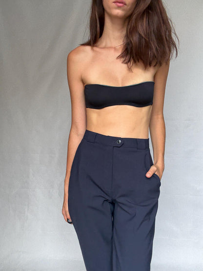 Navy Wool Blend High Waist Trousers — fabric close-up