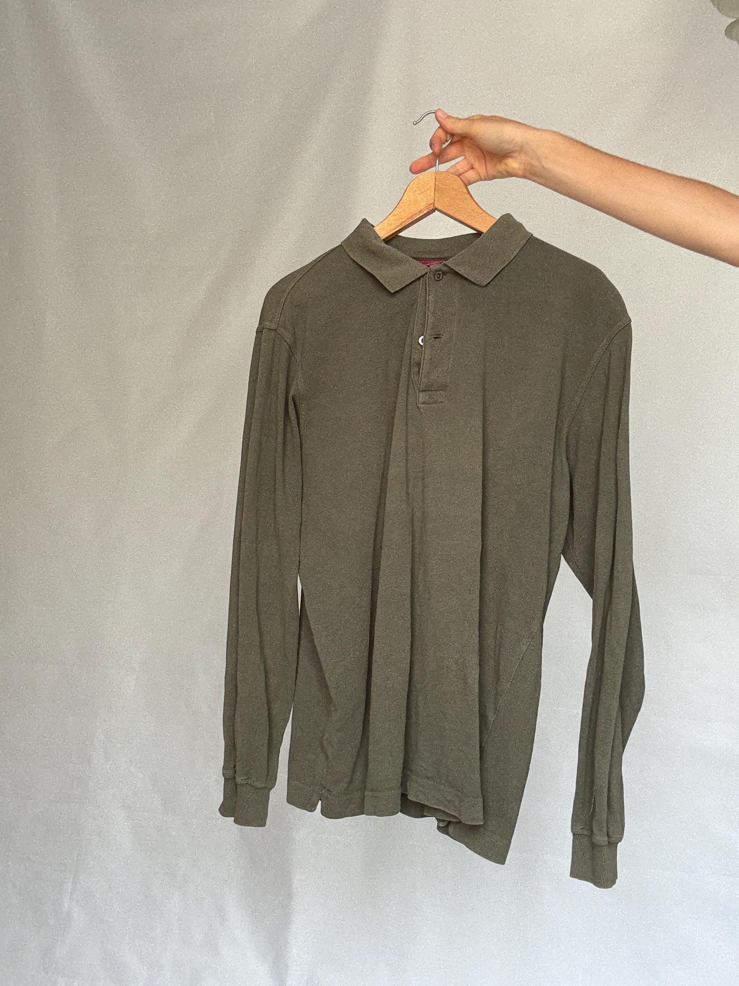Vintage moss green Emidio Tucci polo shirt, cotton, regular fit, three, button placket, minimalist style, US XL, casual daywear,