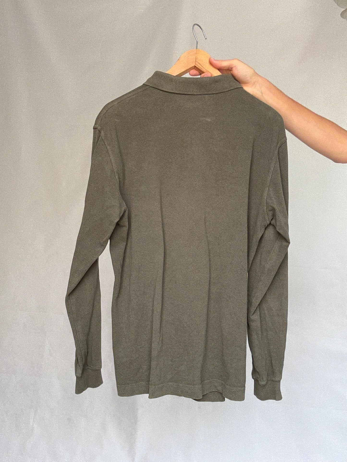 Vintage moss green Emidio Tucci polo shirt, cotton, regular fit, three, button placket, minimalist style, US XL, casual daywear,