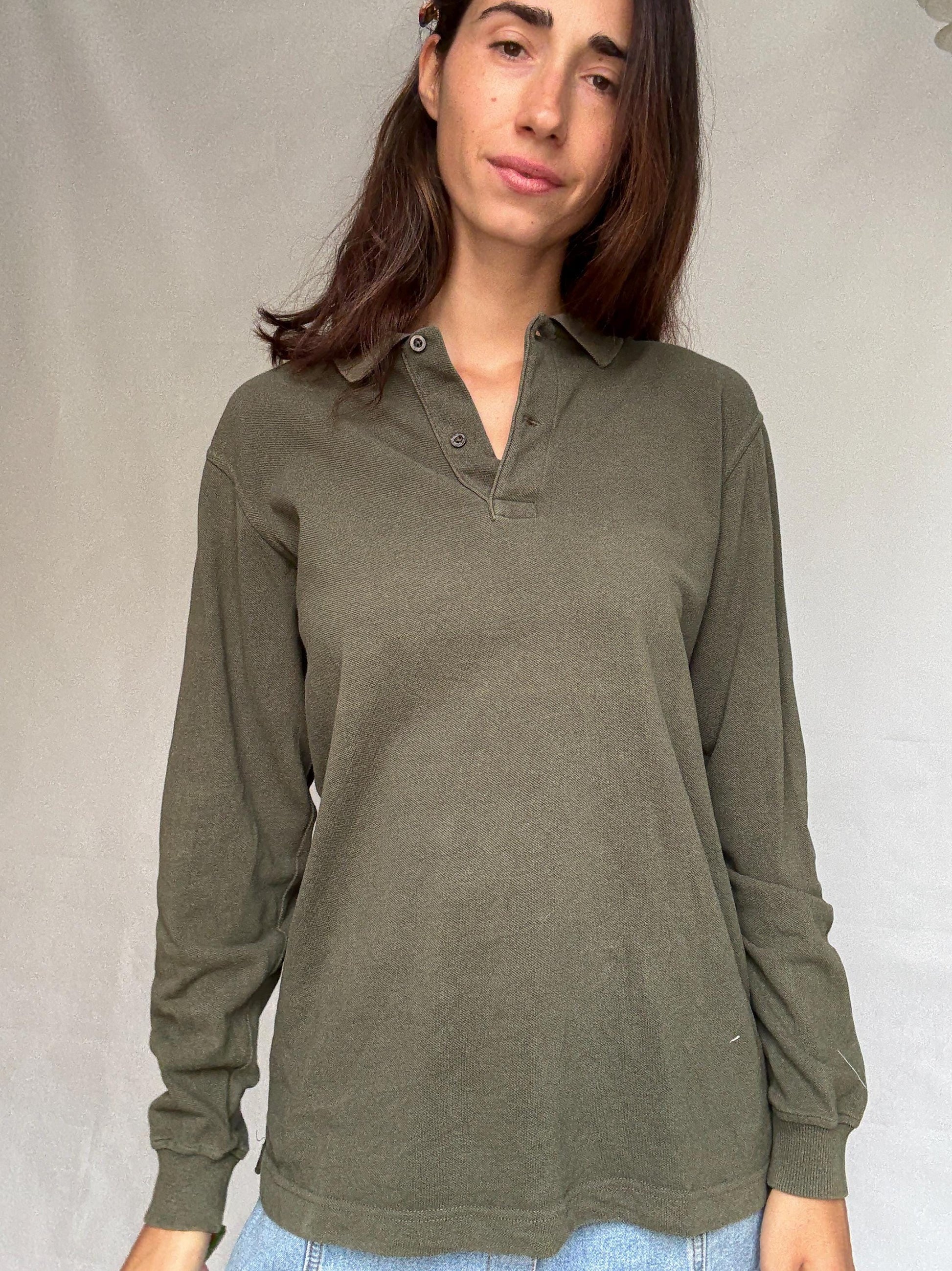 Vintage moss green Emidio Tucci polo shirt, cotton, regular fit, three, button placket, minimalist style, US XL, casual daywear,