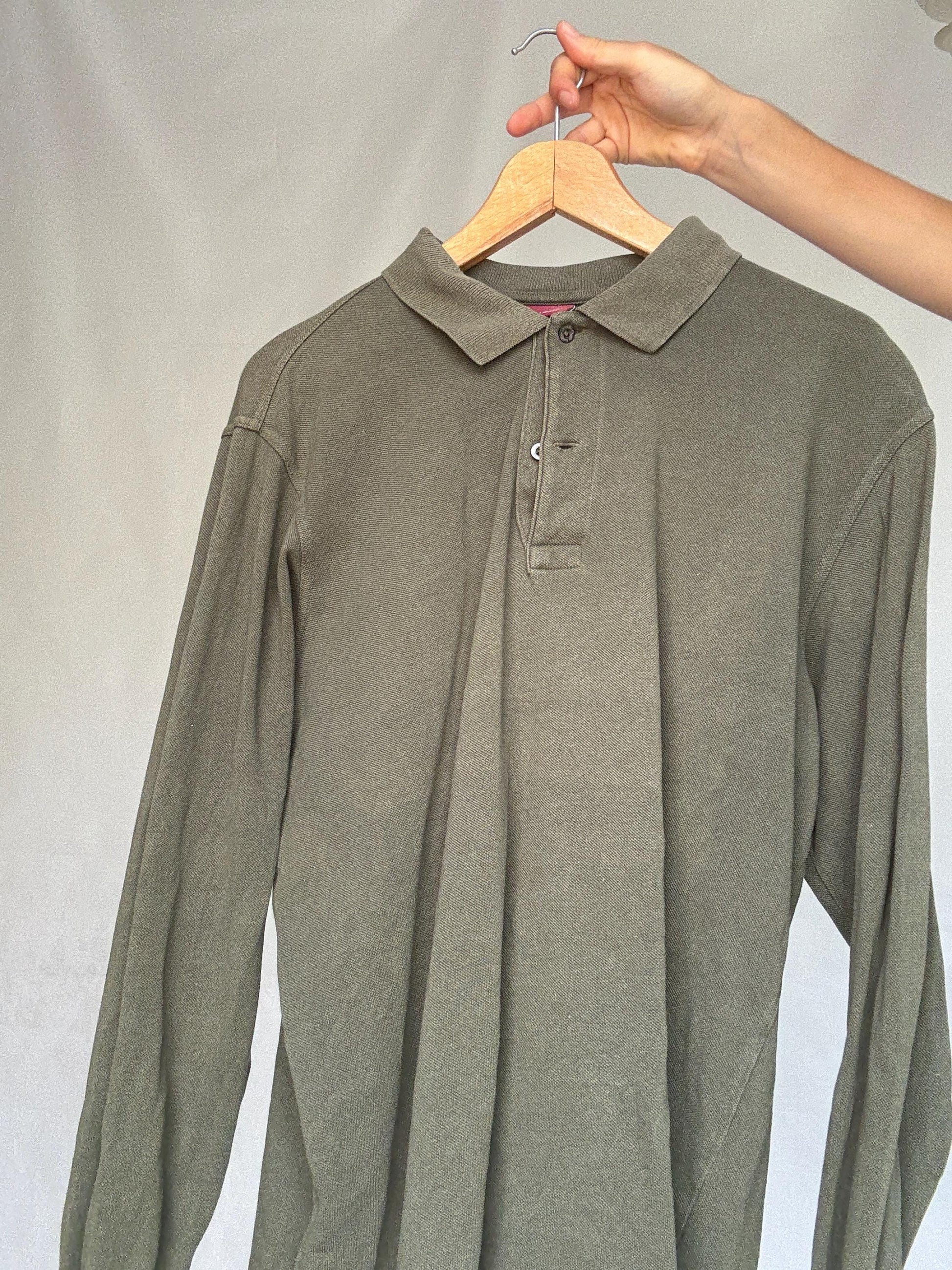 Vintage moss green Emidio Tucci polo shirt, cotton, regular fit, three, button placket, minimalist style, US XL, casual daywear,