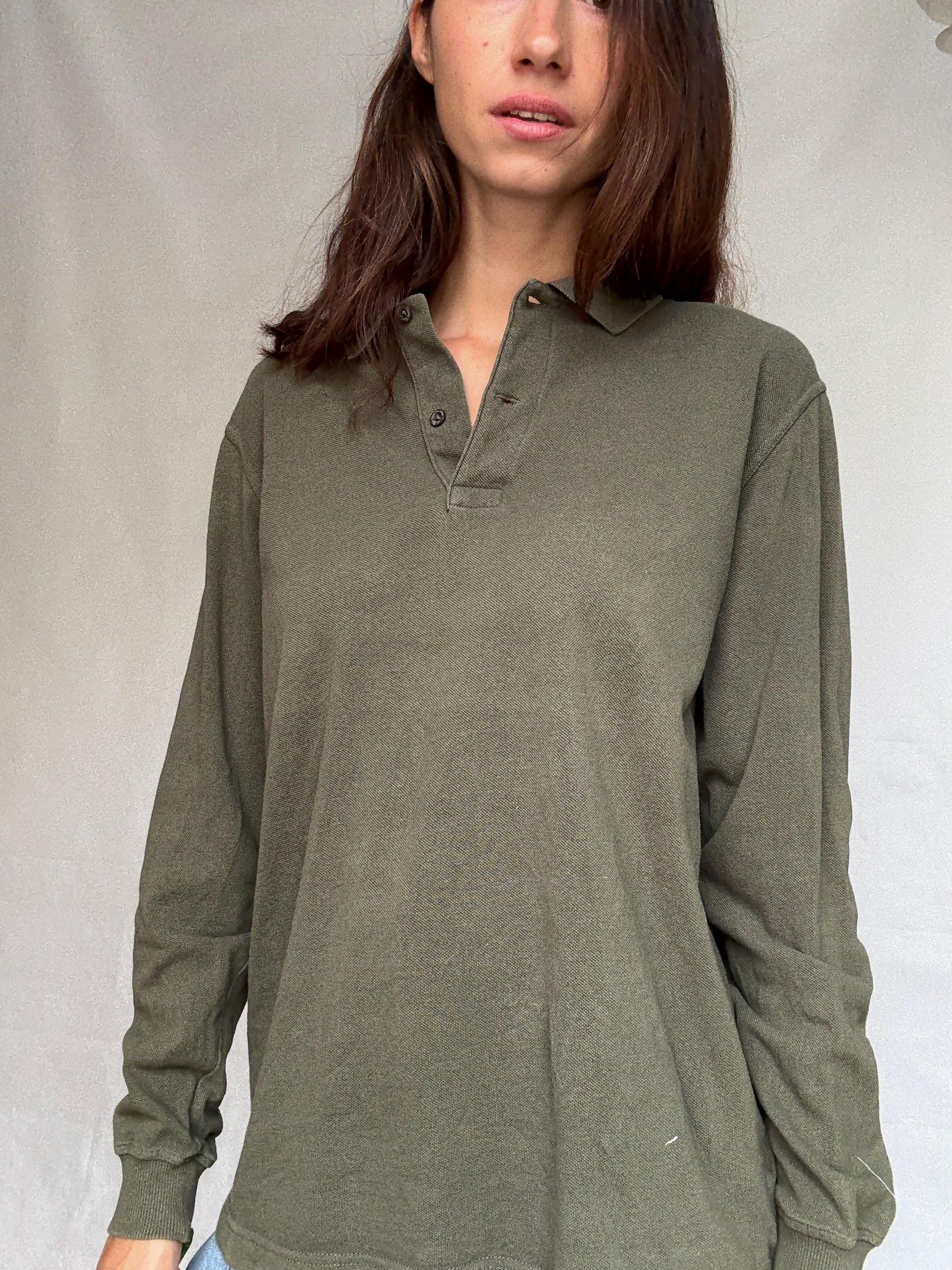 Vintage moss green Emidio Tucci polo shirt, cotton, regular fit, three, button placket, minimalist style, US XL, casual daywear,