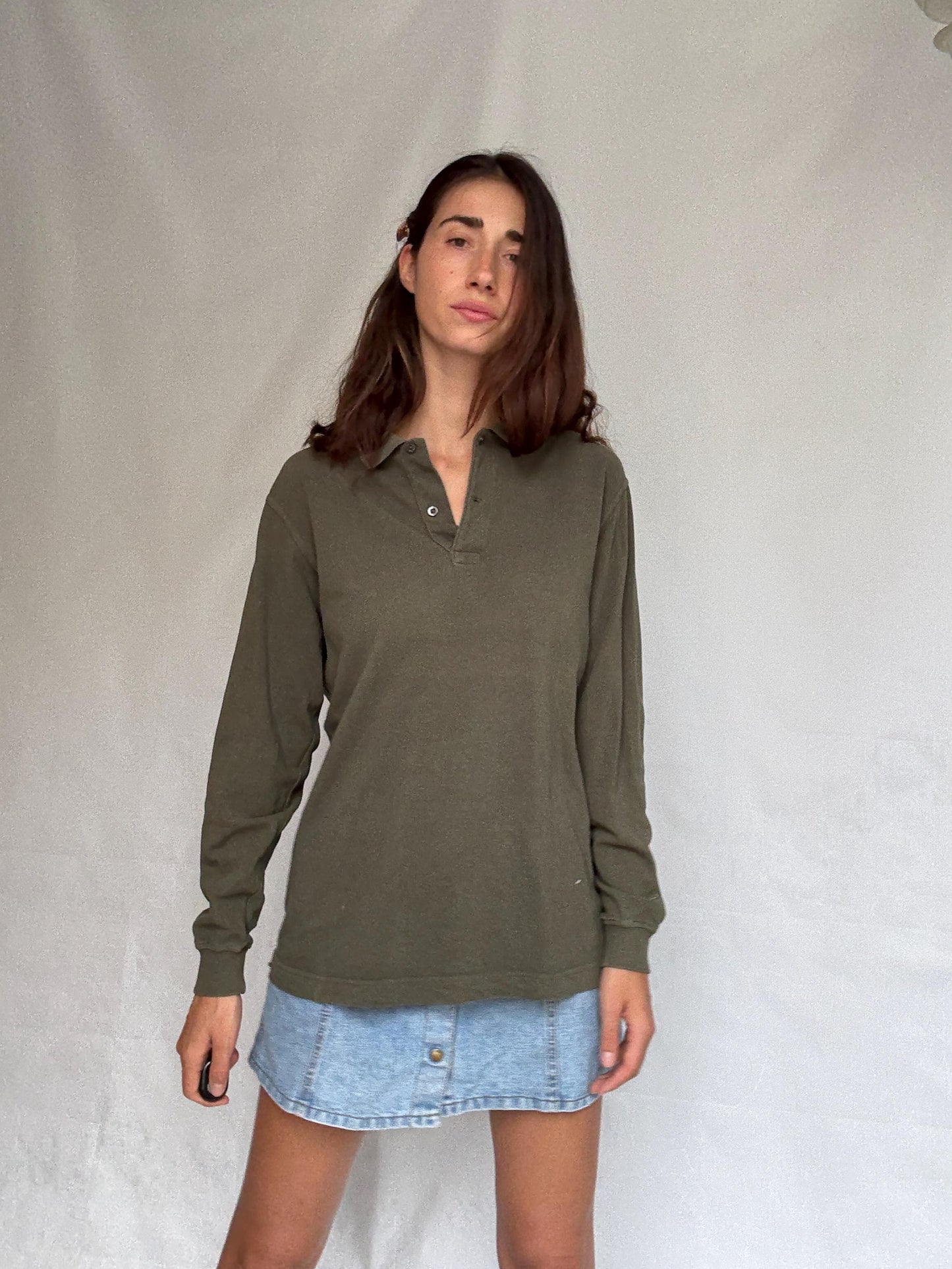 Vintage moss green Emidio Tucci polo shirt, cotton, regular fit, three, button placket, minimalist style, US XL, casual daywear,