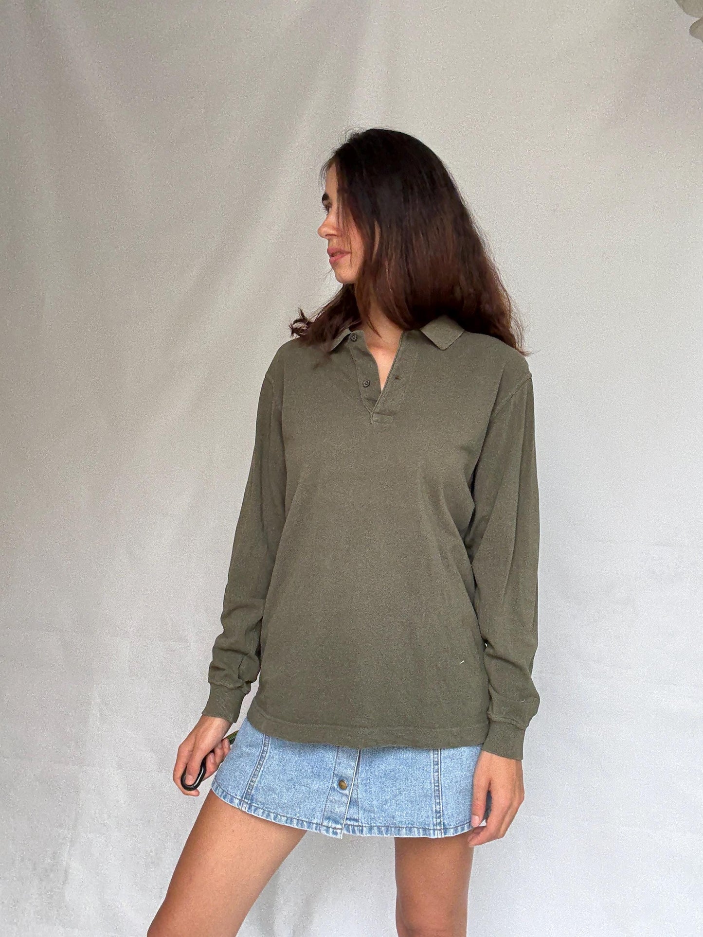 Vintage moss green Emidio Tucci polo shirt, cotton, regular fit, three, button placket, minimalist style, US XL, casual daywear,