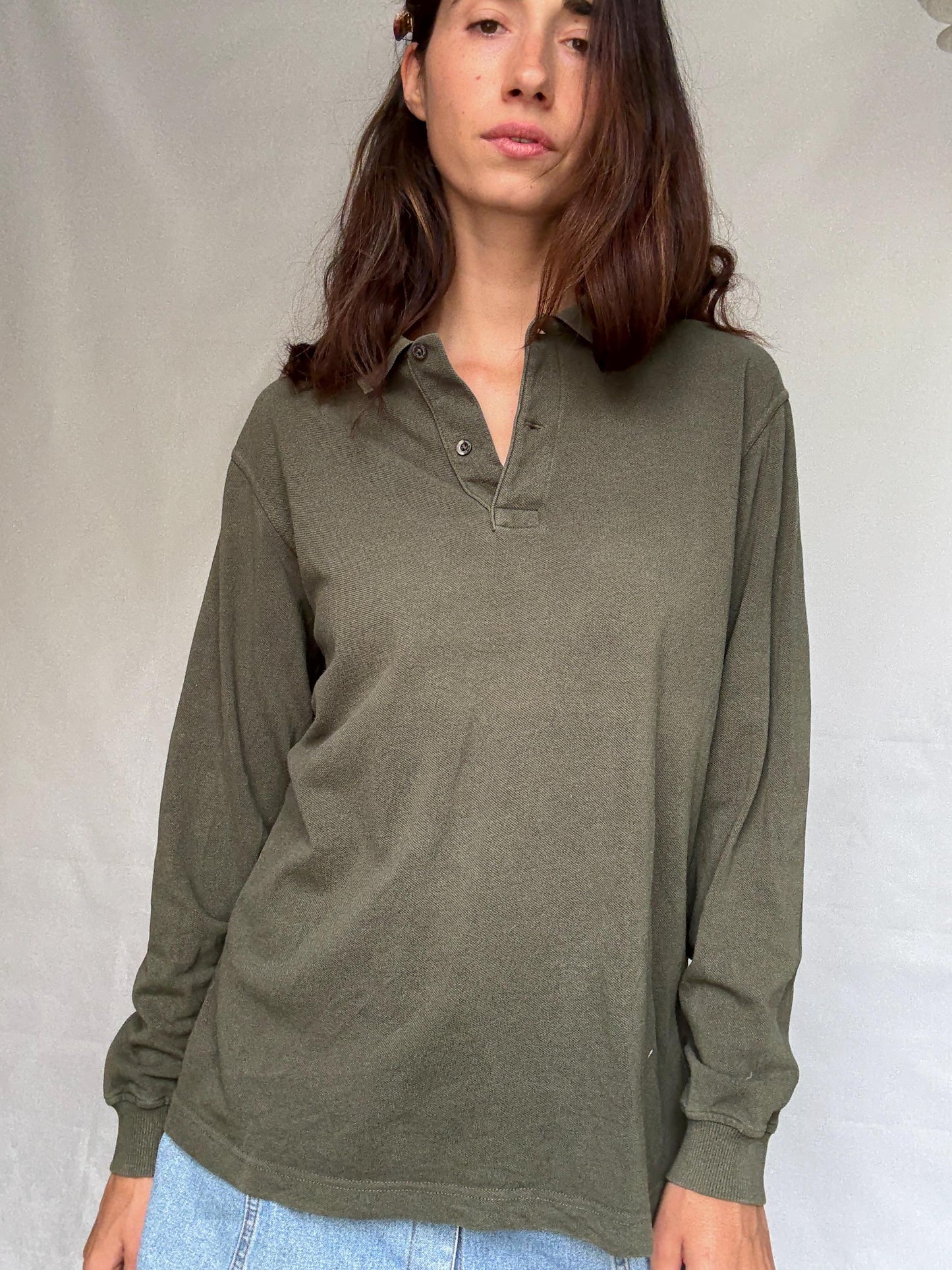 Vintage moss green Emidio Tucci polo shirt, cotton, regular fit, three, button placket, minimalist style, US XL, casual daywear,