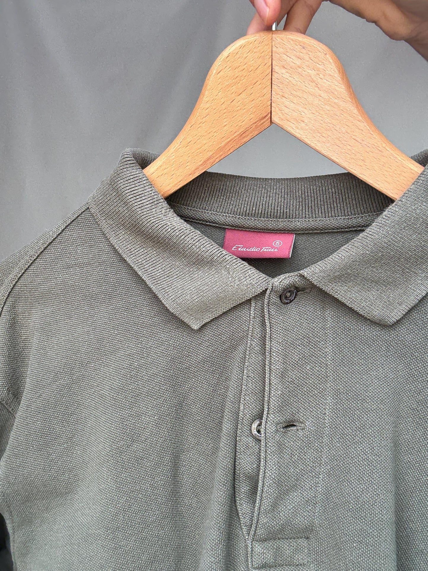 Vintage moss green Emidio Tucci polo shirt, cotton, regular fit, three, button placket, minimalist style, US XL, casual daywear,