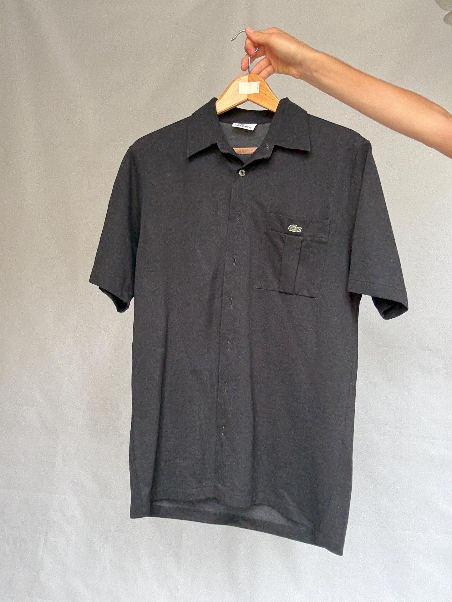 Vintage black Lacoste polo button up shirt, classic fit minimalist elegant style, Size XL, casual streetwear,