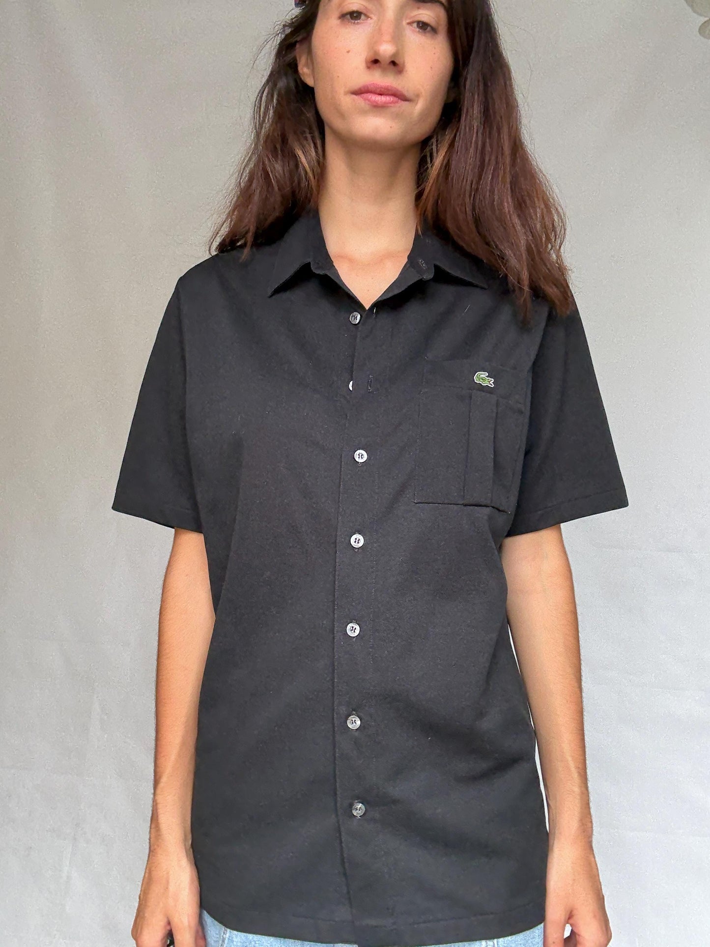 Vintage black Lacoste polo button up shirt, classic fit minimalist elegant style, Size XL, casual streetwear,
