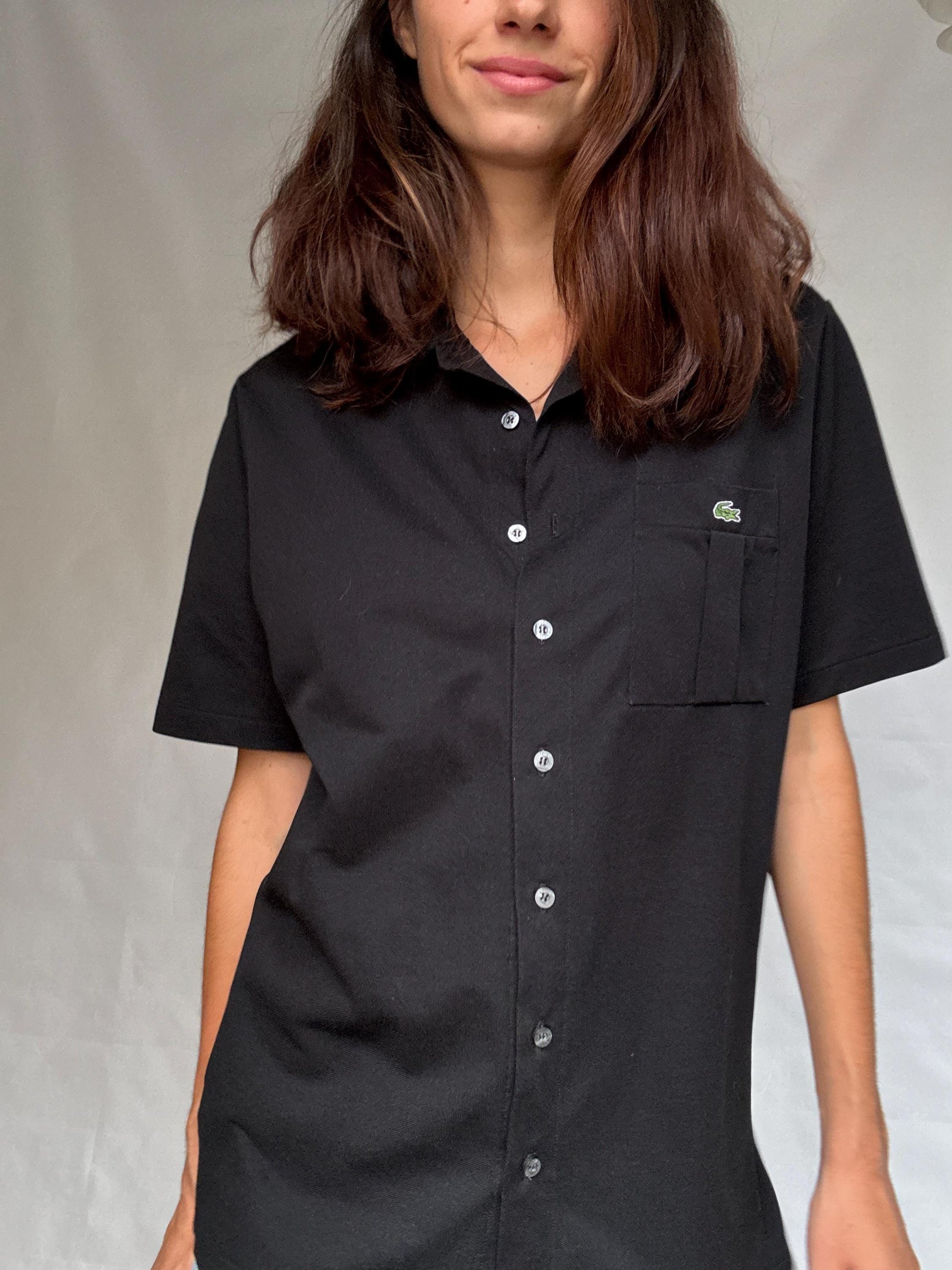 Vintage black Lacoste polo button up shirt, classic fit minimalist elegant style, Size XL, casual streetwear,