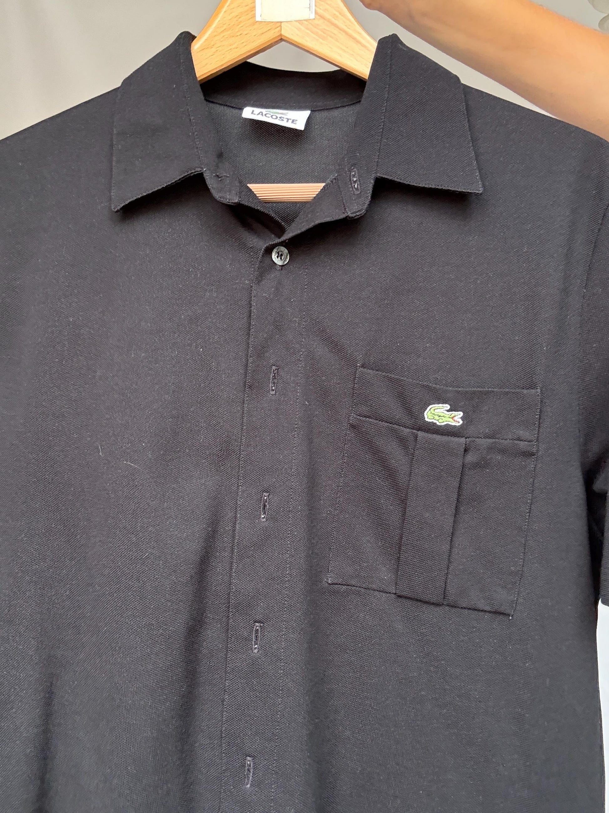 Vintage black Lacoste polo button up shirt, classic fit minimalist elegant style, Size XL, casual streetwear,