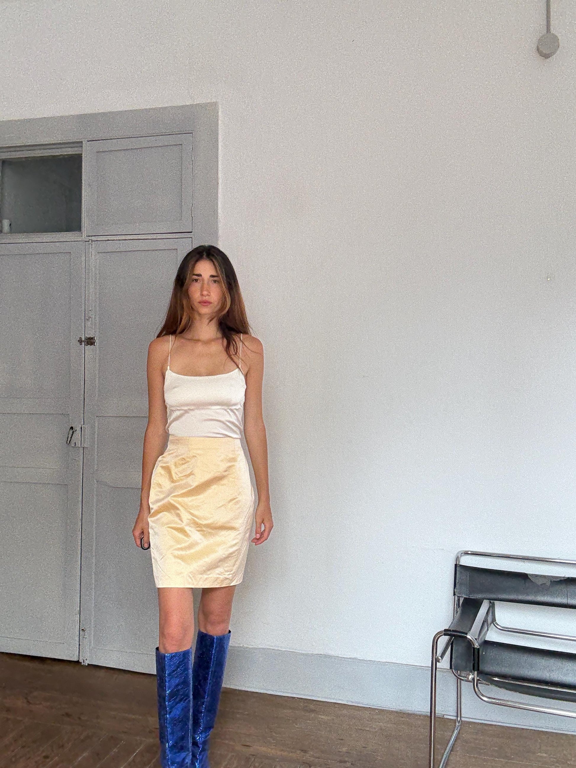 Vintage Jil Sander Silk Skirt Made in Italy – Y2K Minimalist Luxury Bottom, Pale Gold Satin, Carrie Bradshaw Style