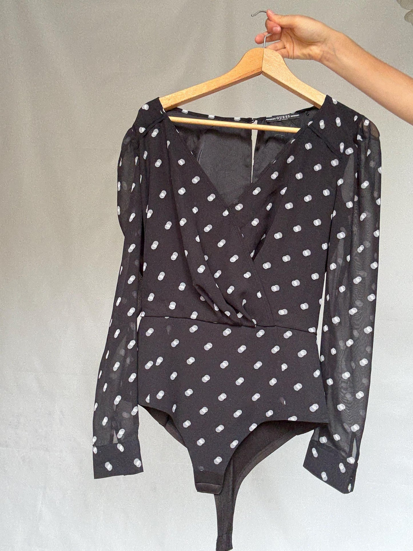 Guess Los Angeles black polka dot bodysuit, v neck top, XS
