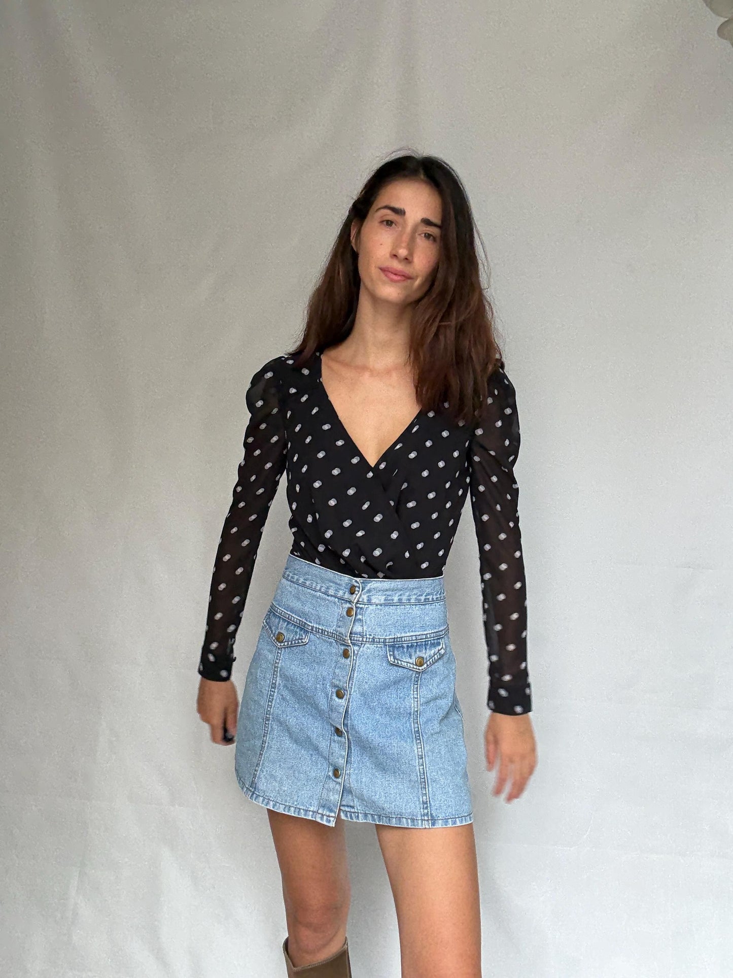 Guess Los Angeles black polka dot bodysuit, v neck top, XS